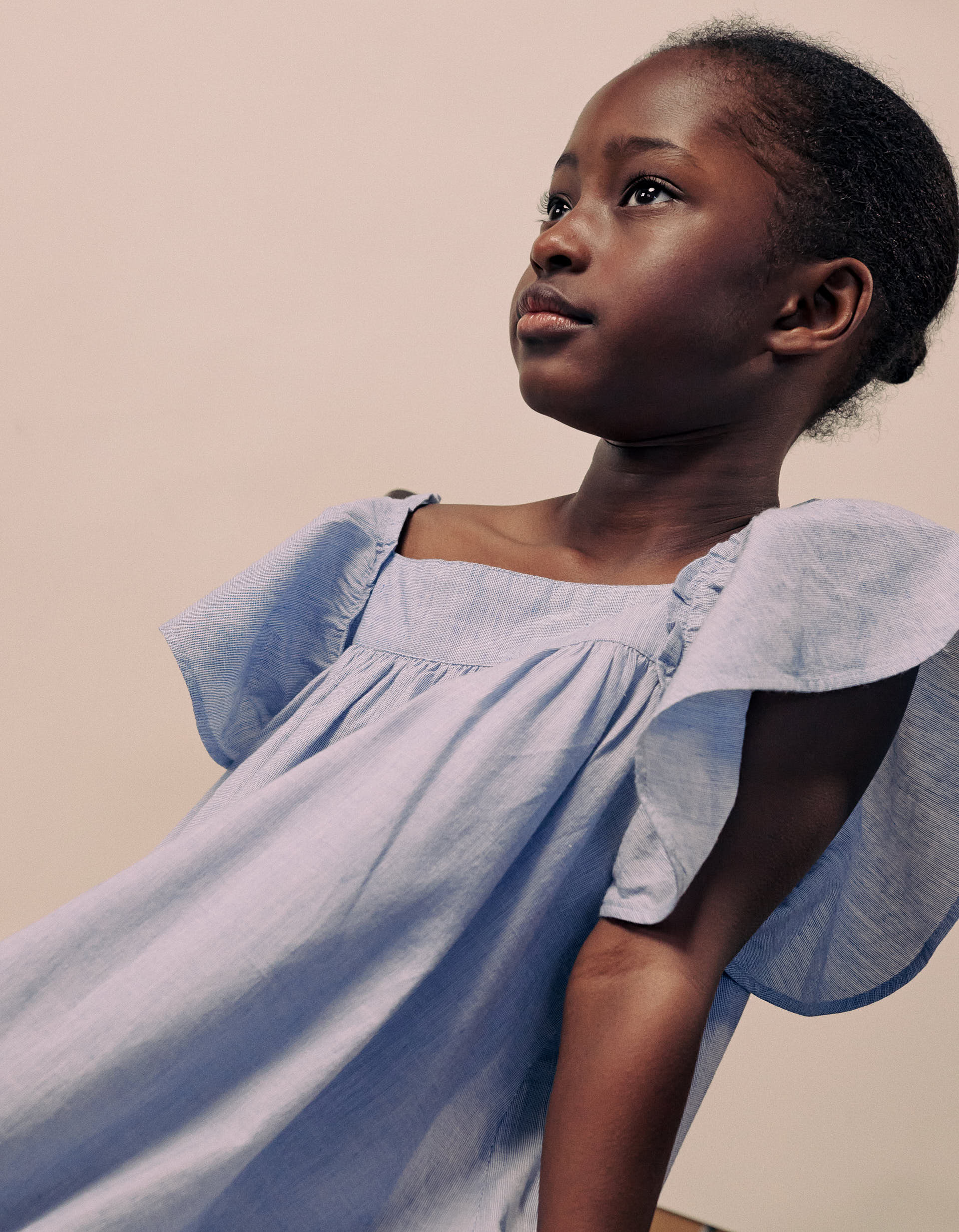 Cotton Fil a Fil Dress with Ruffles for Girls 'B&S', Blue
