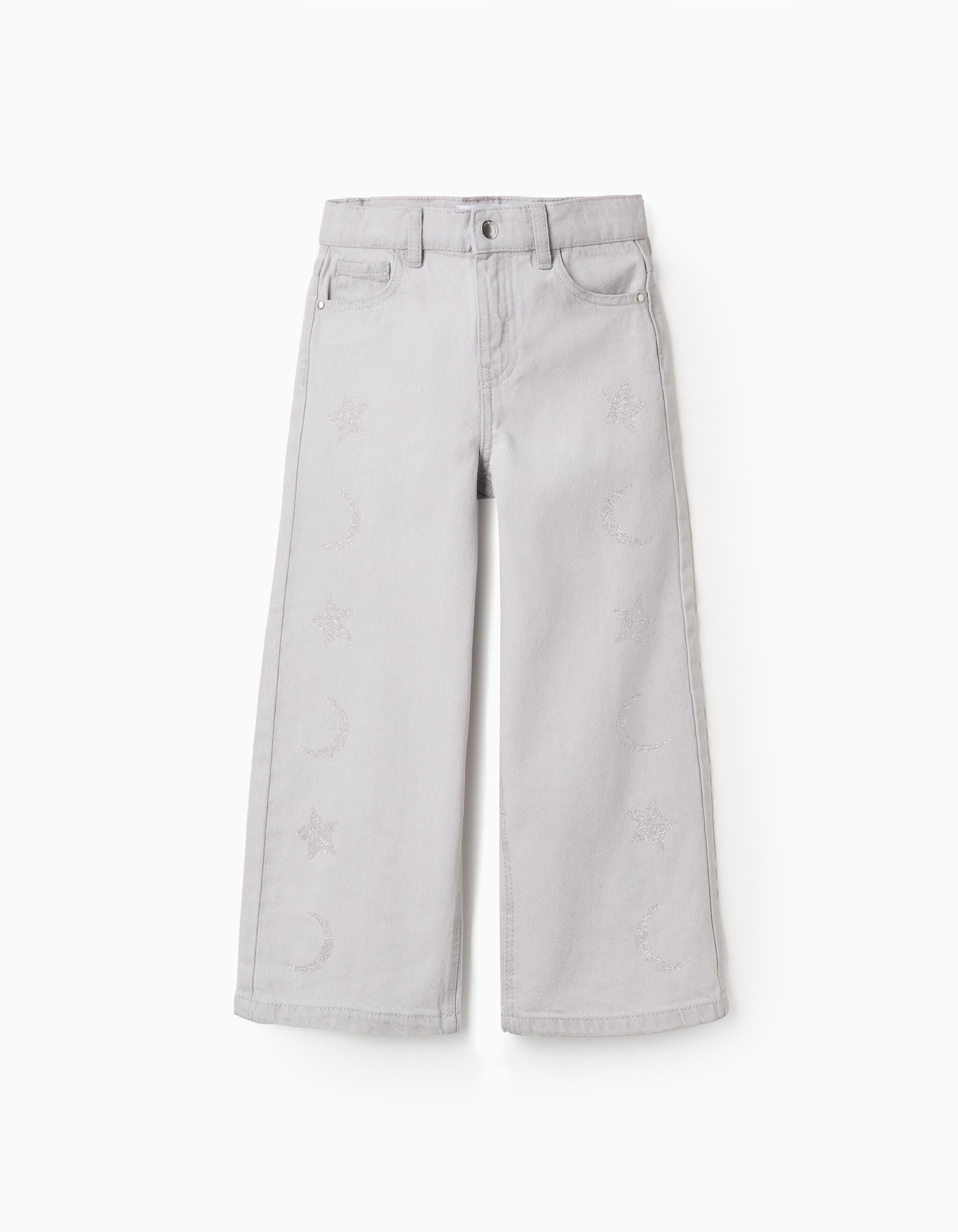 Cotton jeans with star and moon glitter print for girls, grey