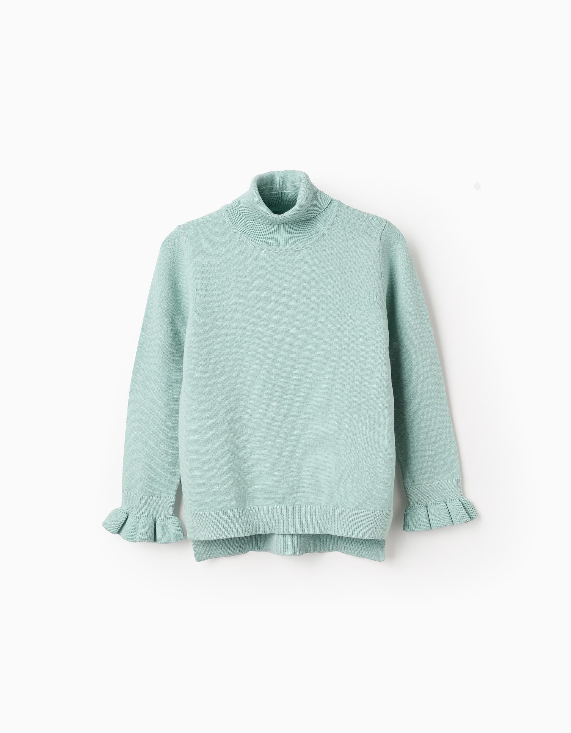 Fine Knit Jumper with High Neck for Girls, Aqua Green