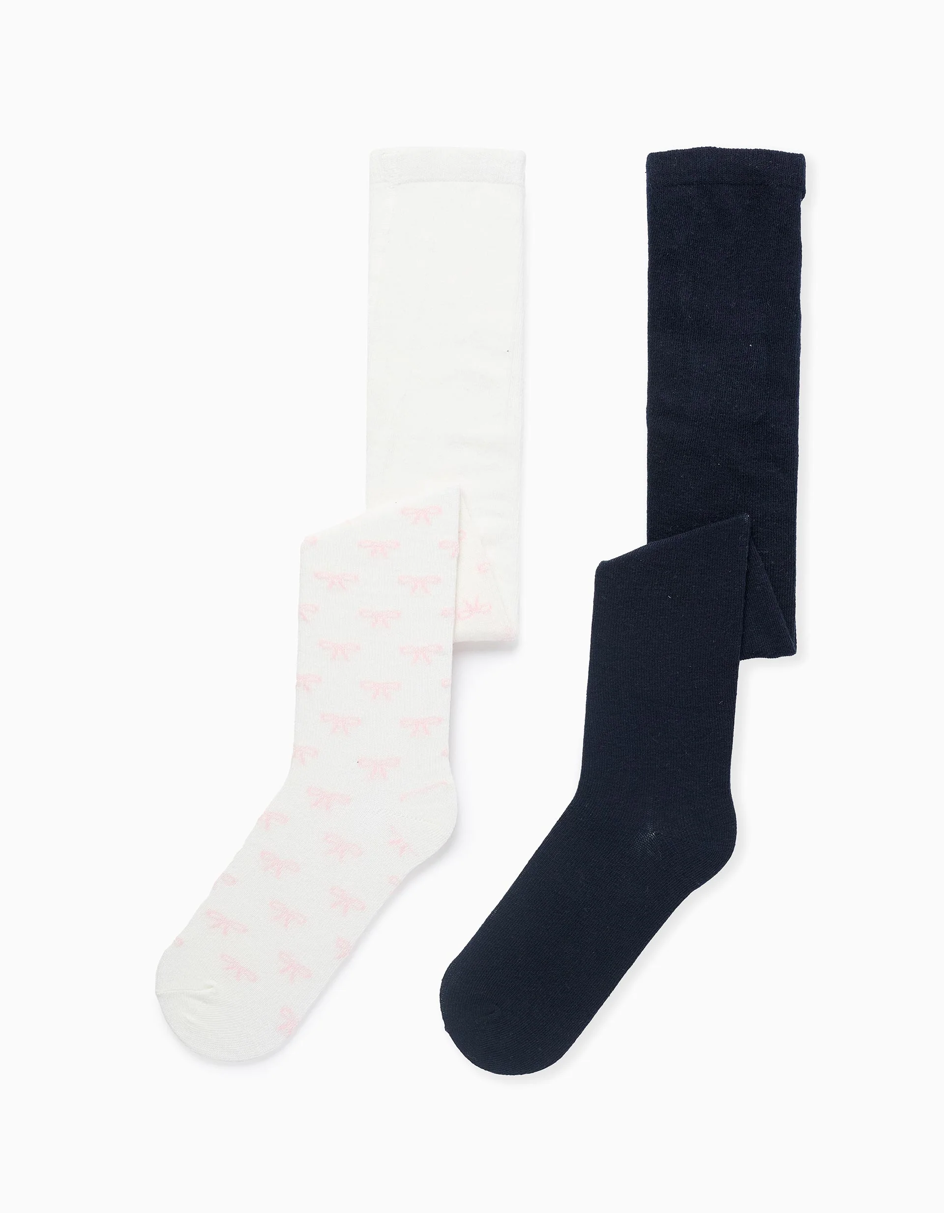 Pack of 2 plain/with motif tights for girls, dark blue/white