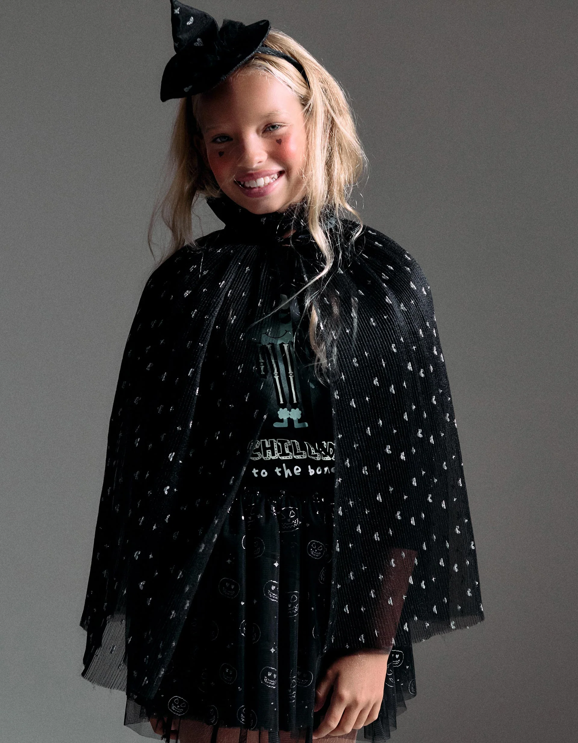 Pleated Tulle Cape with Lurex for Newborn Girls 'Halloween', Black
