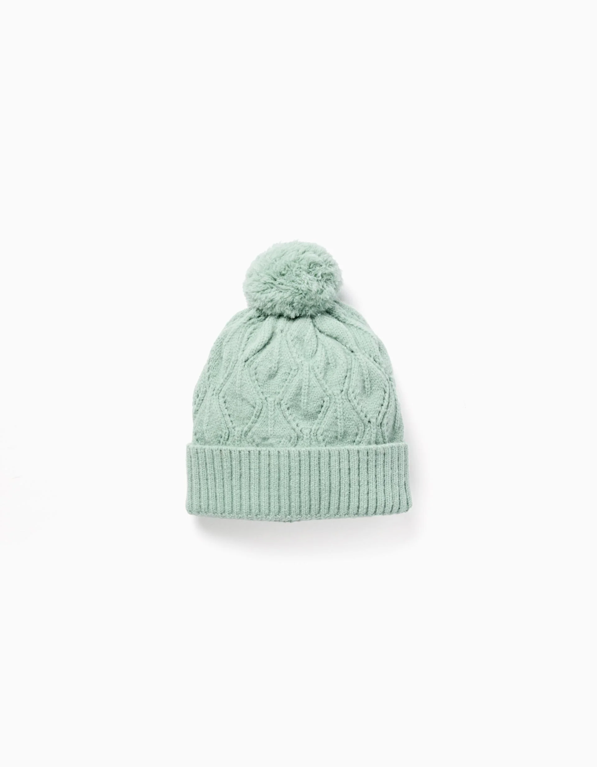 Cable knit beanie with pompon for girls, light green