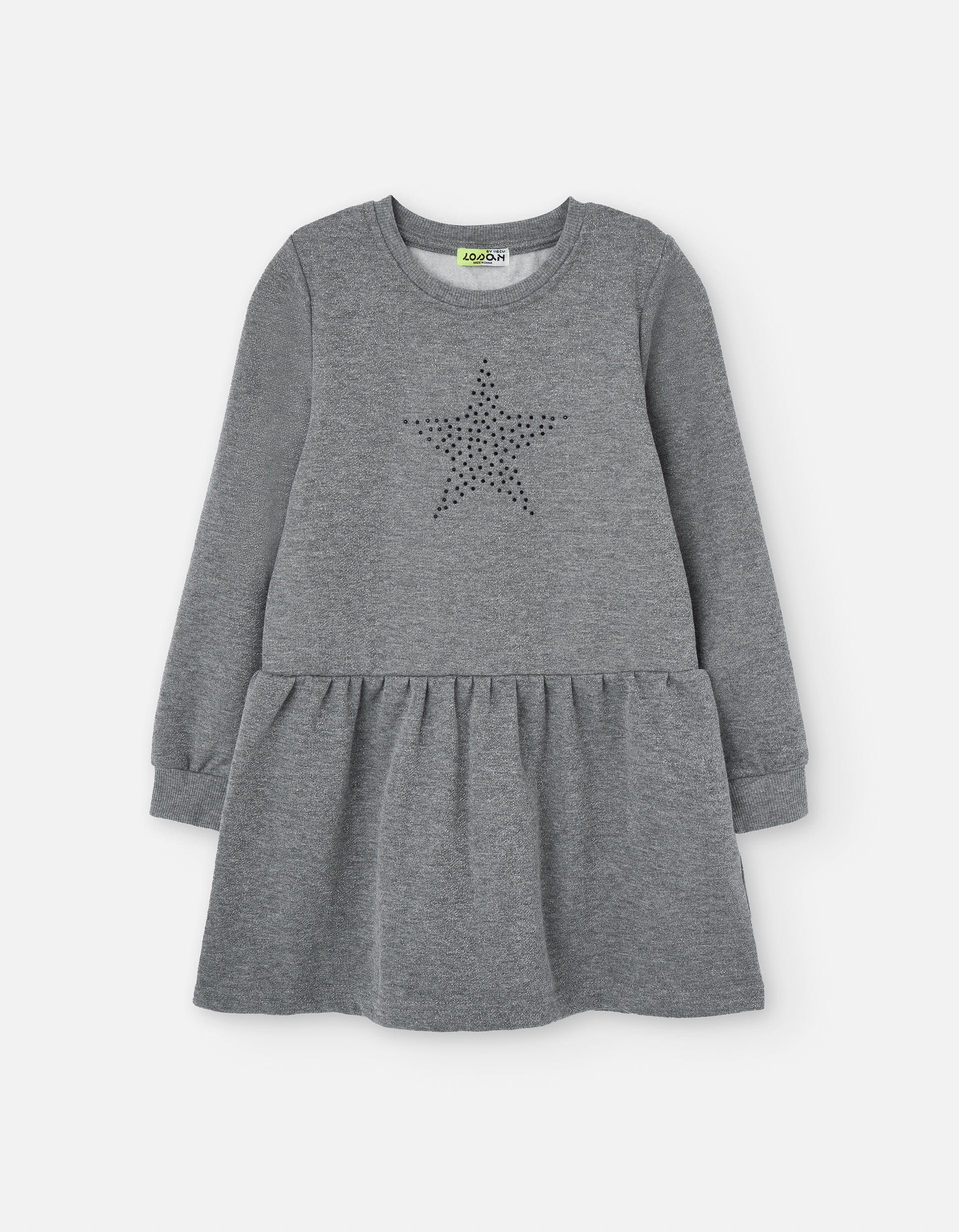 Brushed long sleeve dress with sequined star for girls, grey