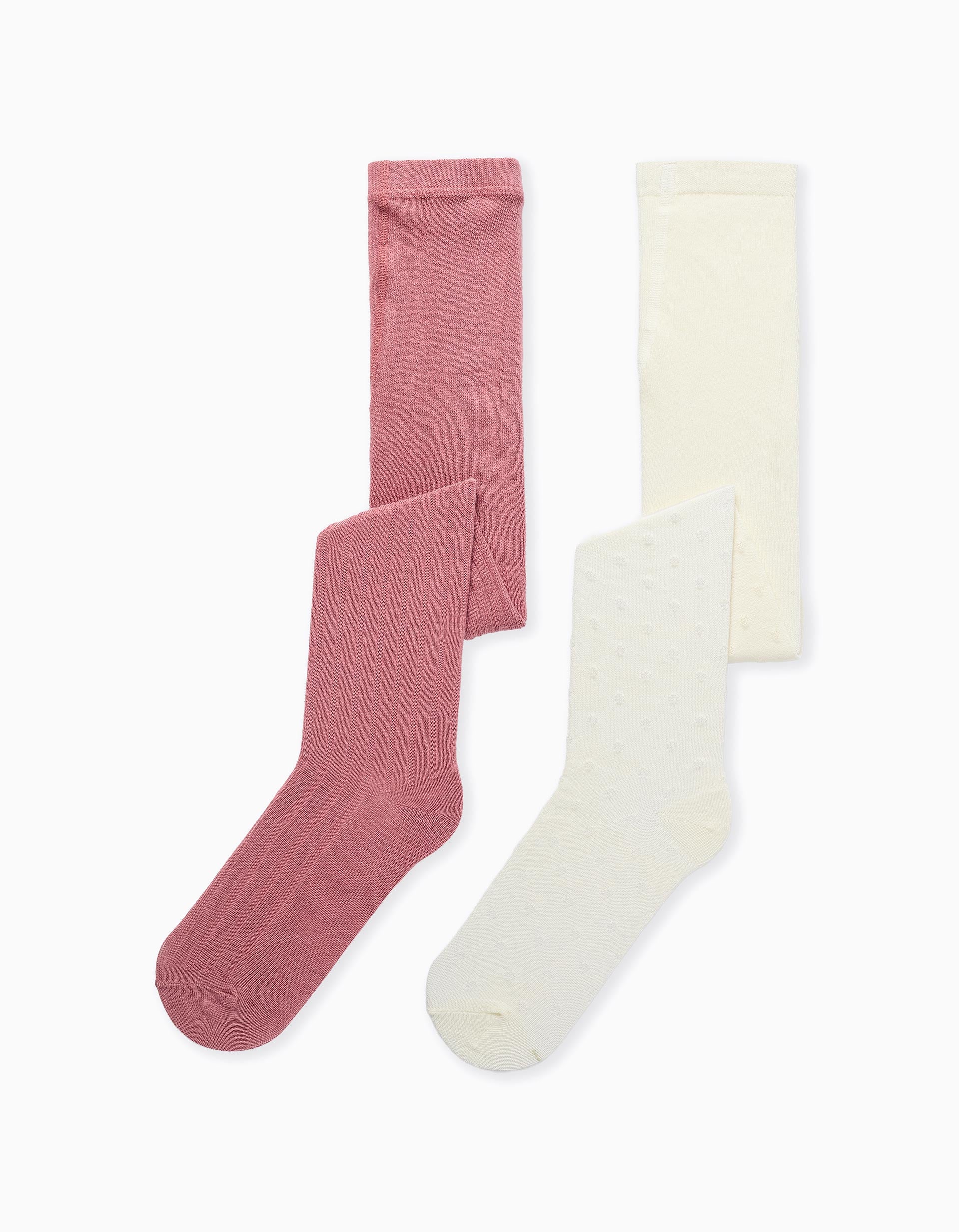 Pack of 2 pairs of ribbed/jacquard tights for girls, white/pink