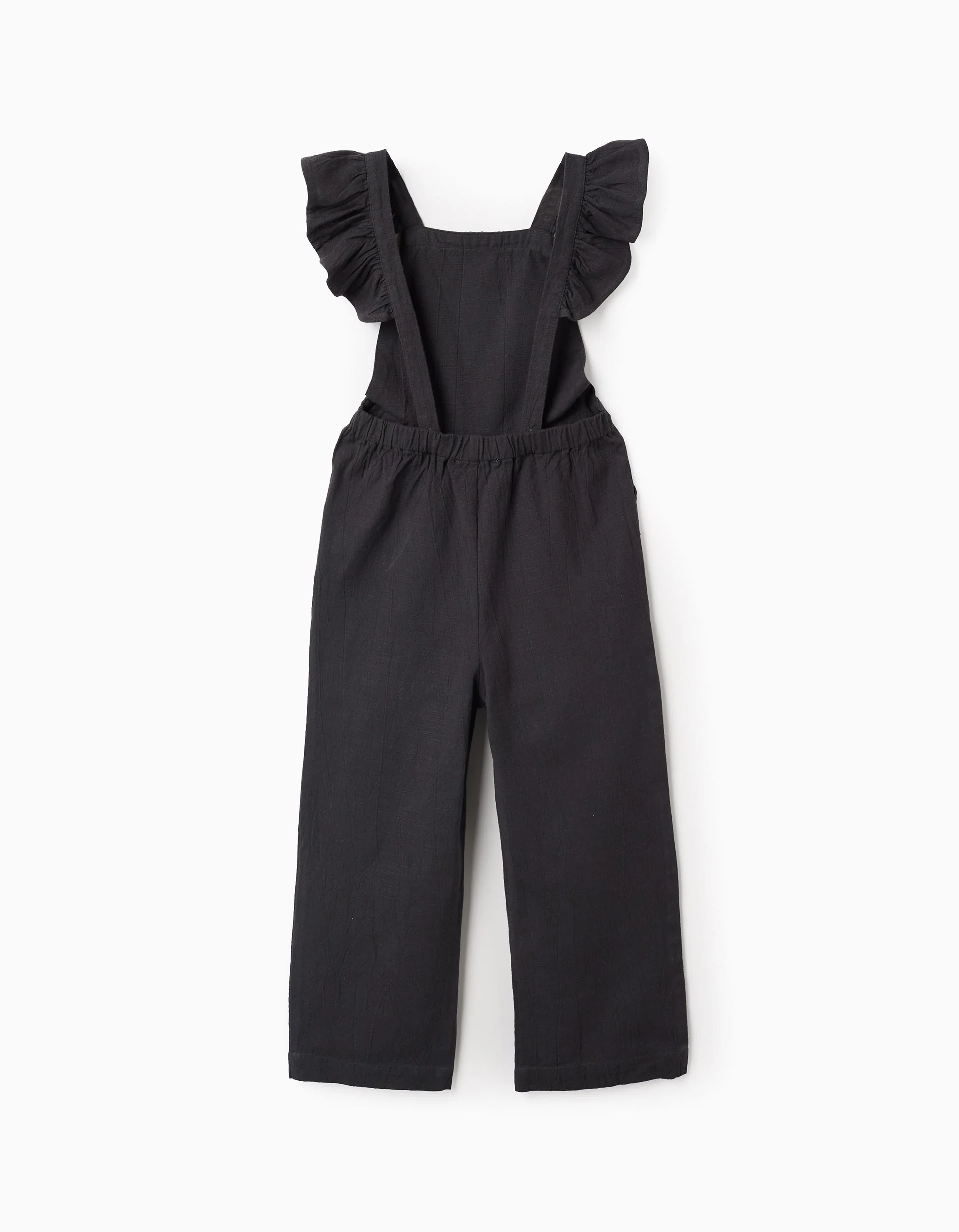 Slub Cotton Dungarees with Ruffles for Girls, Dark Grey