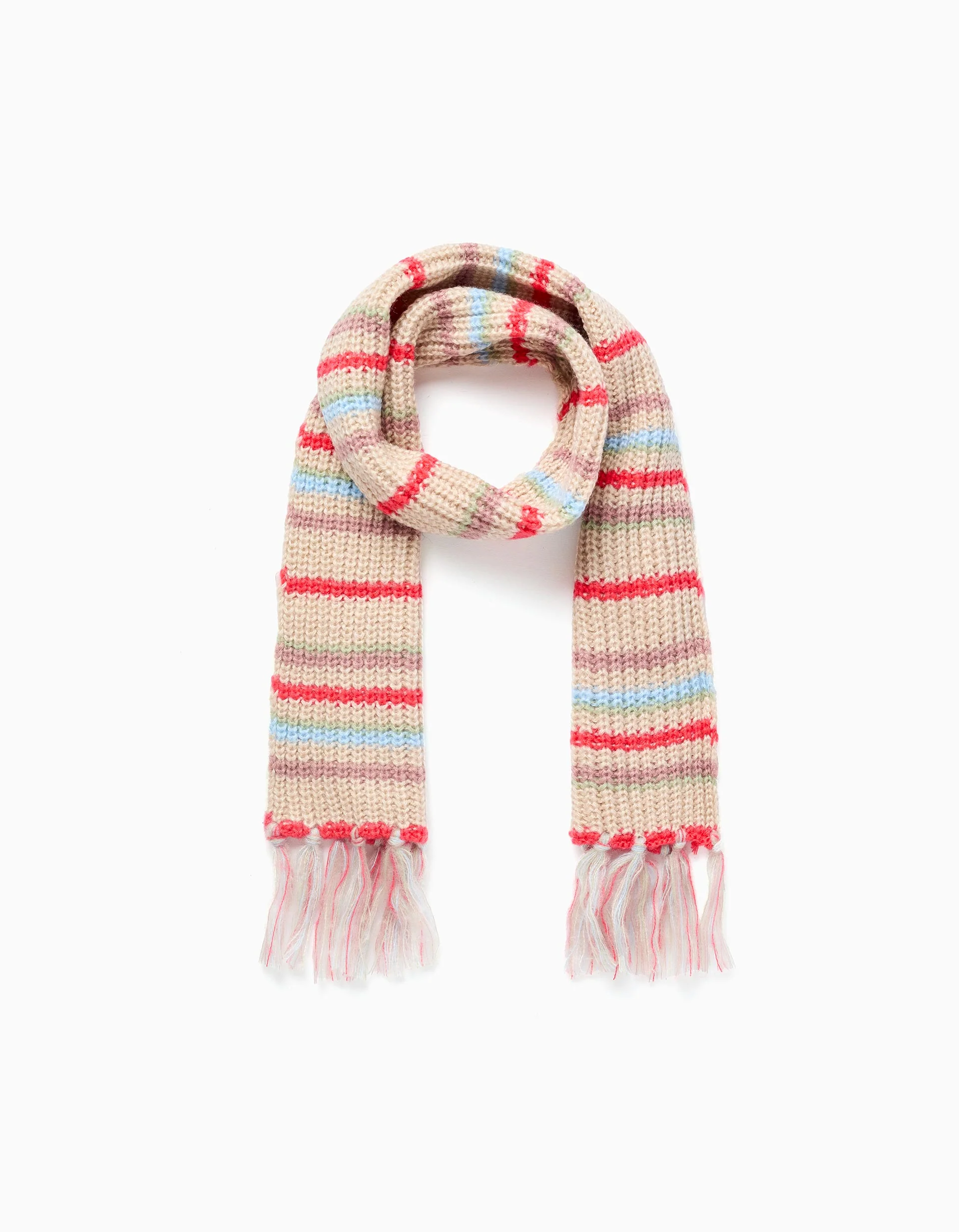 Knitted fringed scarf with jacquard for girls, multicolour