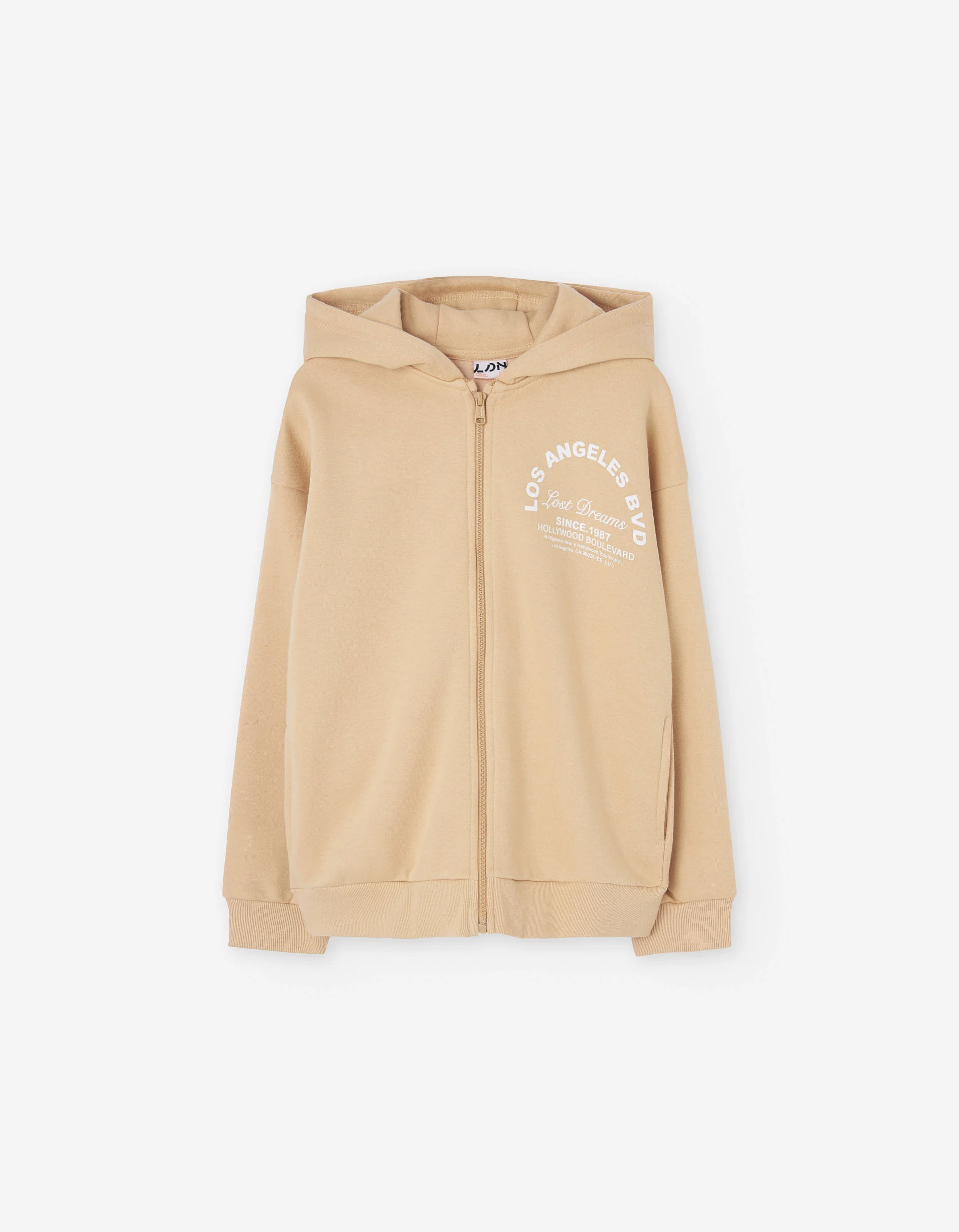 Brushed hooded jacket with Los Angeles print for girls, yellow