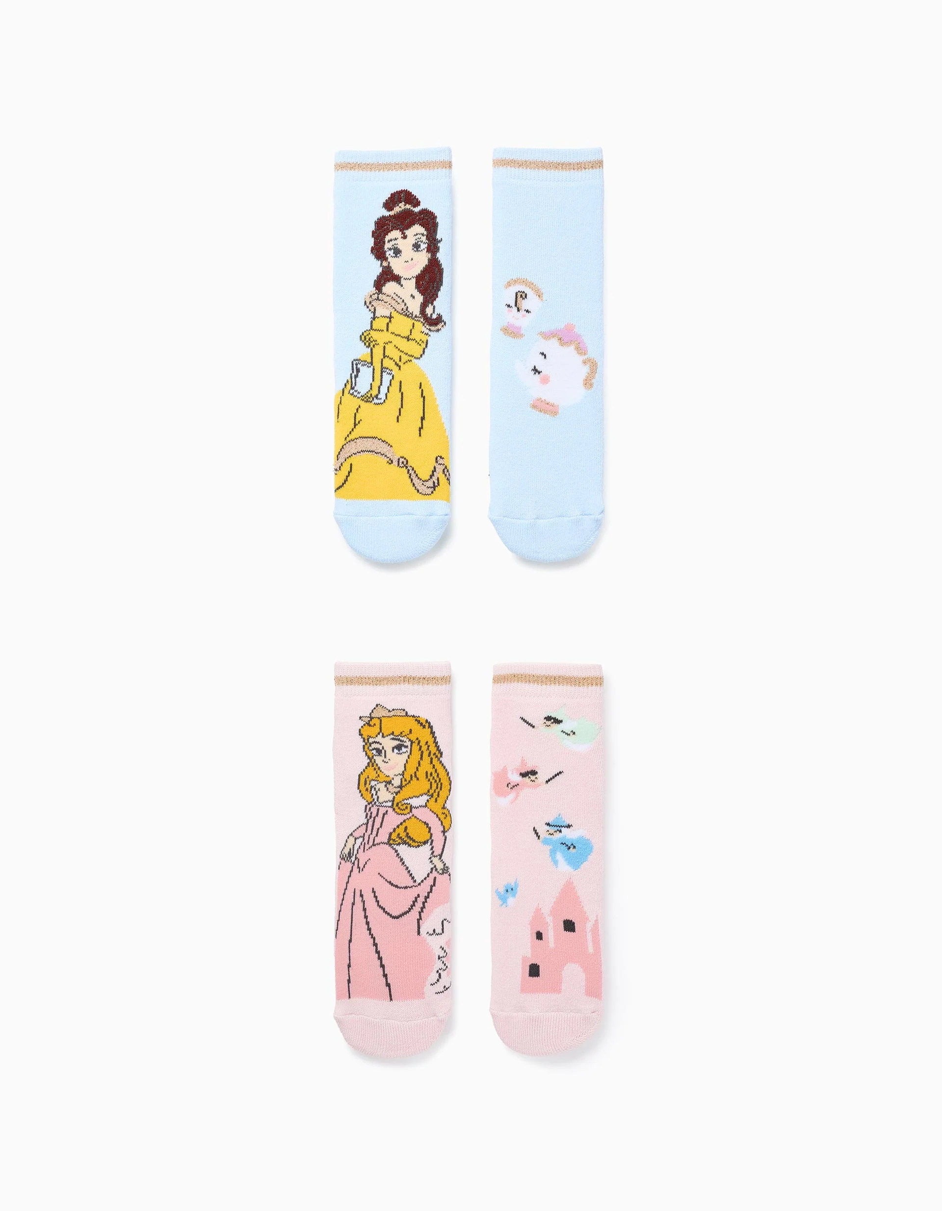 Pack 2 Pairs of Non-Slip Socks with Princesses for Girls, Blue/Pink