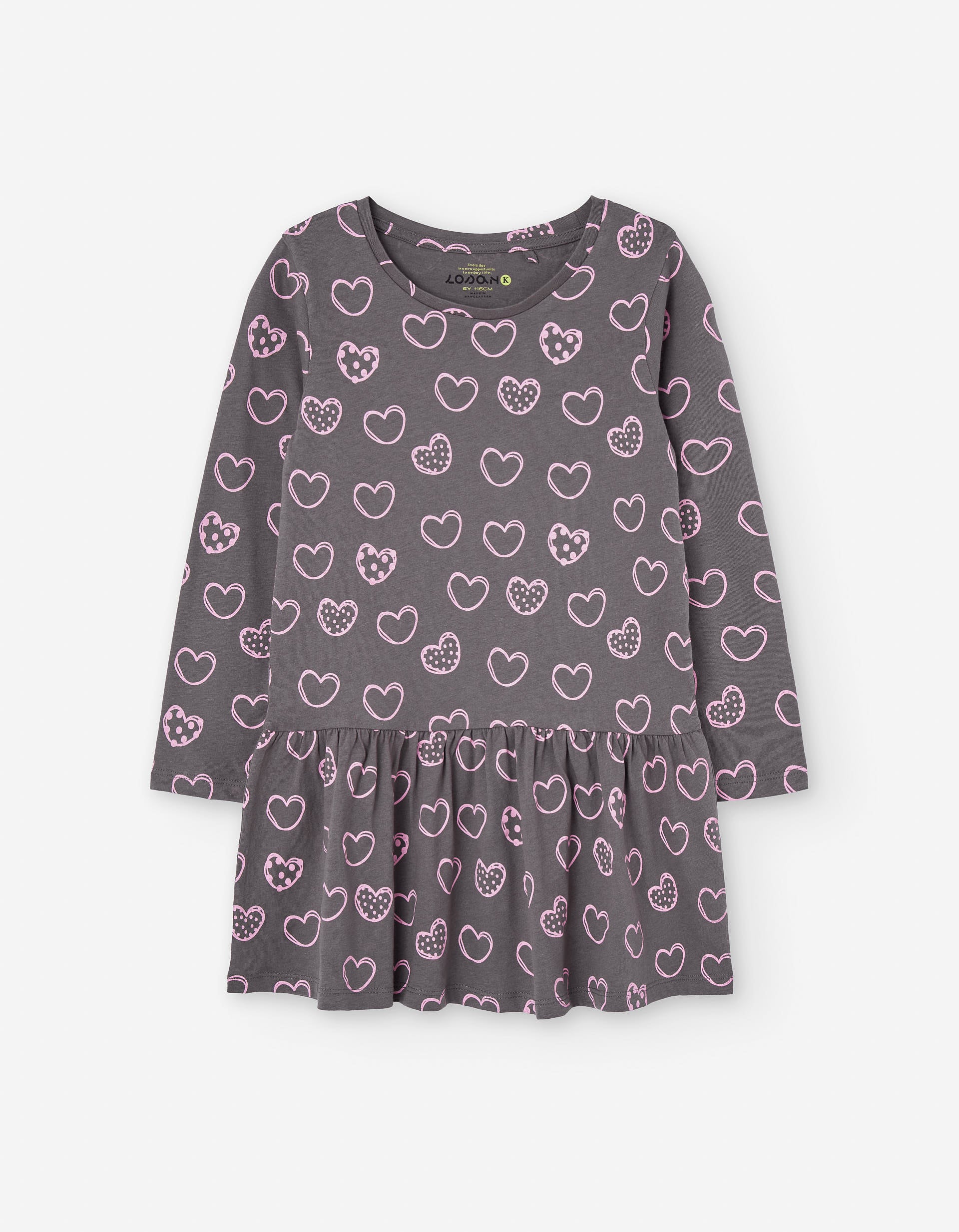 Long sleeve cotton dress with heart motif for girls, grey/pink