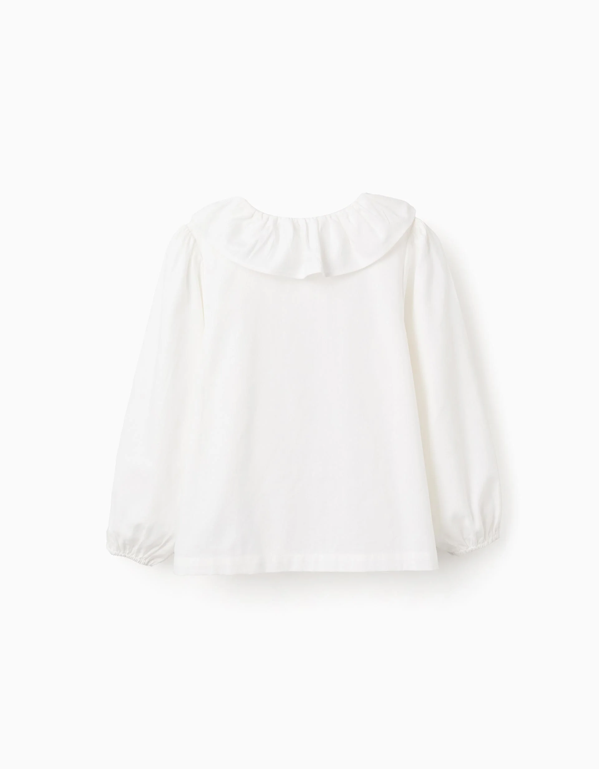 Cotton Twill Shirt with Wavy Ribbons for Girls, White
