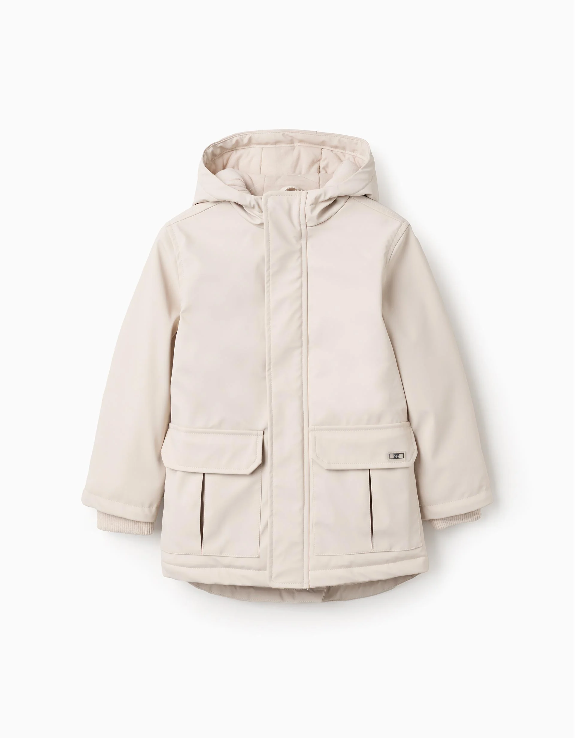 Hooded Rubber Parka with Jersey Lining for Boys, Beige