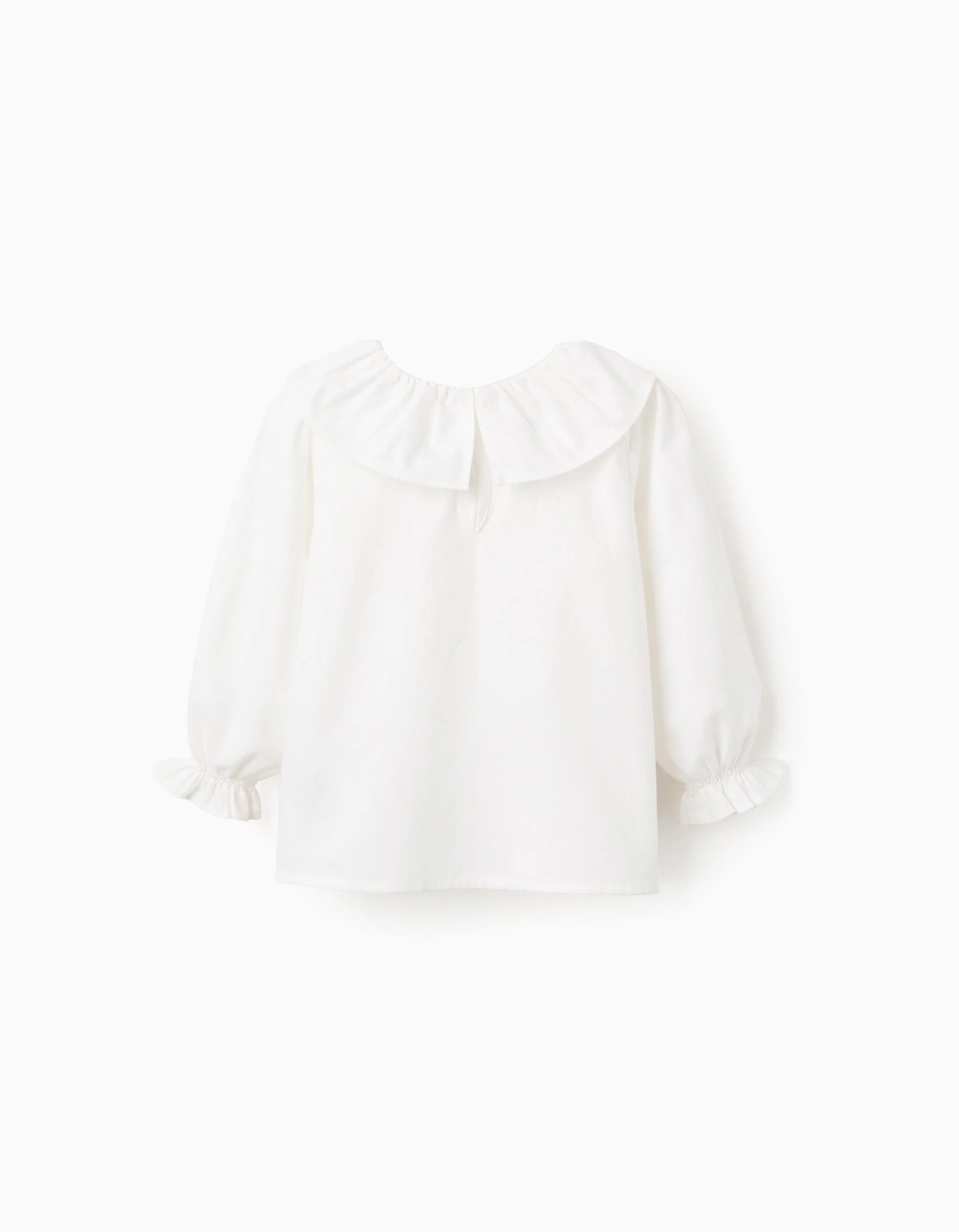 Cotton Twill Blouse with Wavy Ribbons for Baby Girls, White