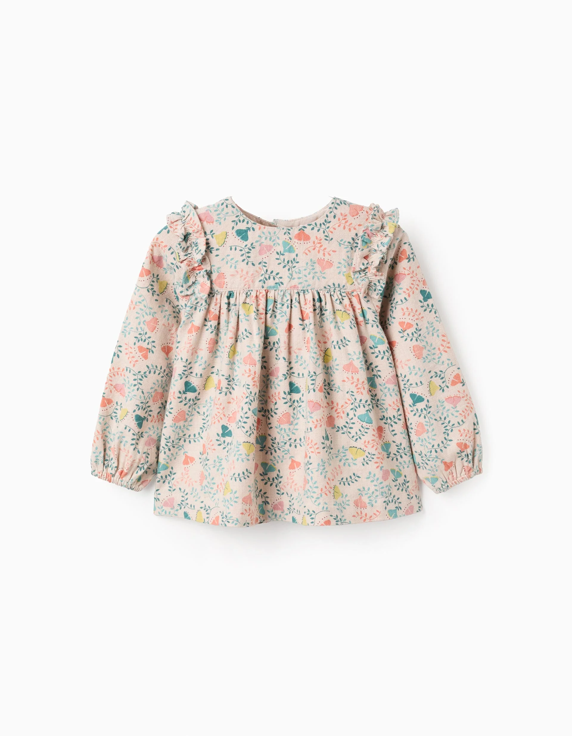 Colourful Floral Motif Twill Tunic for Baby Girls, Beige