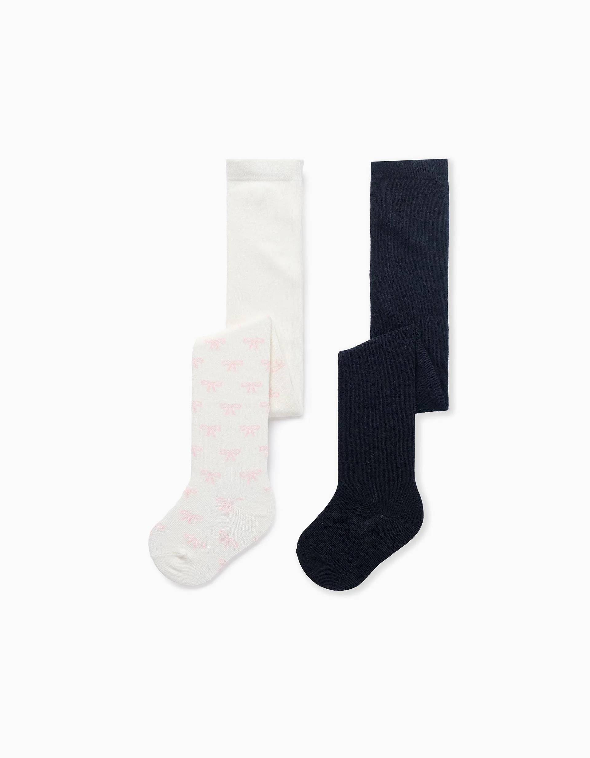 Pack of 2 plain/with motif tights for baby girls, dark blue/white