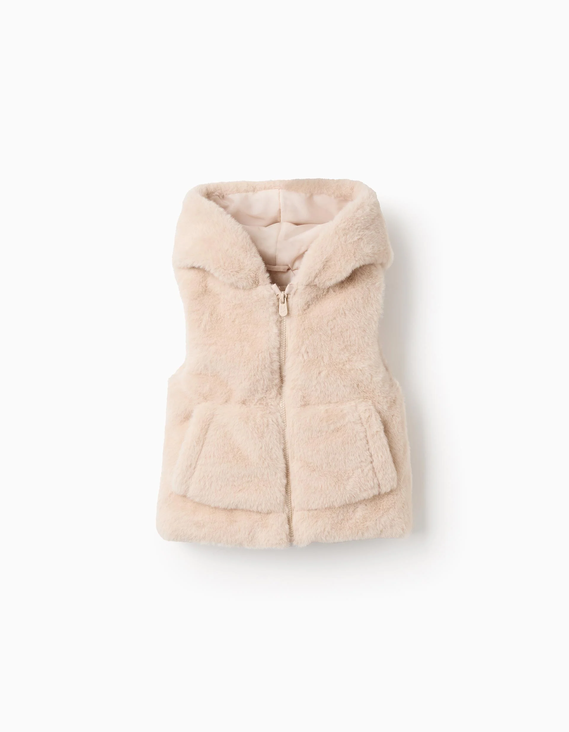 Fleece Hooded Gilet for Baby Girls, Beige
