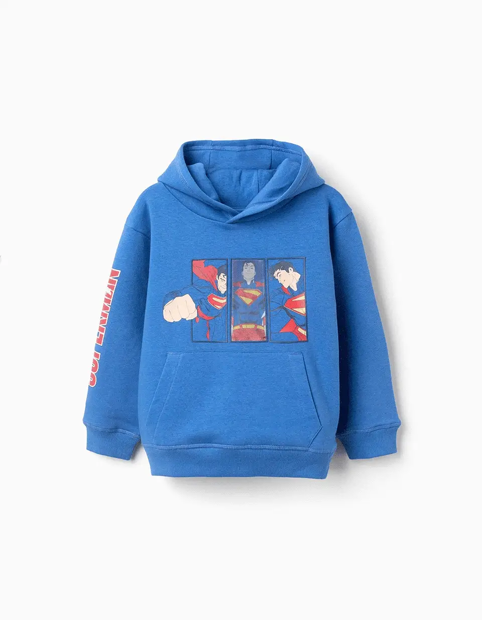 Cotton Brushed Hooded Sweatshirt with Superman Print for Boys, Blue