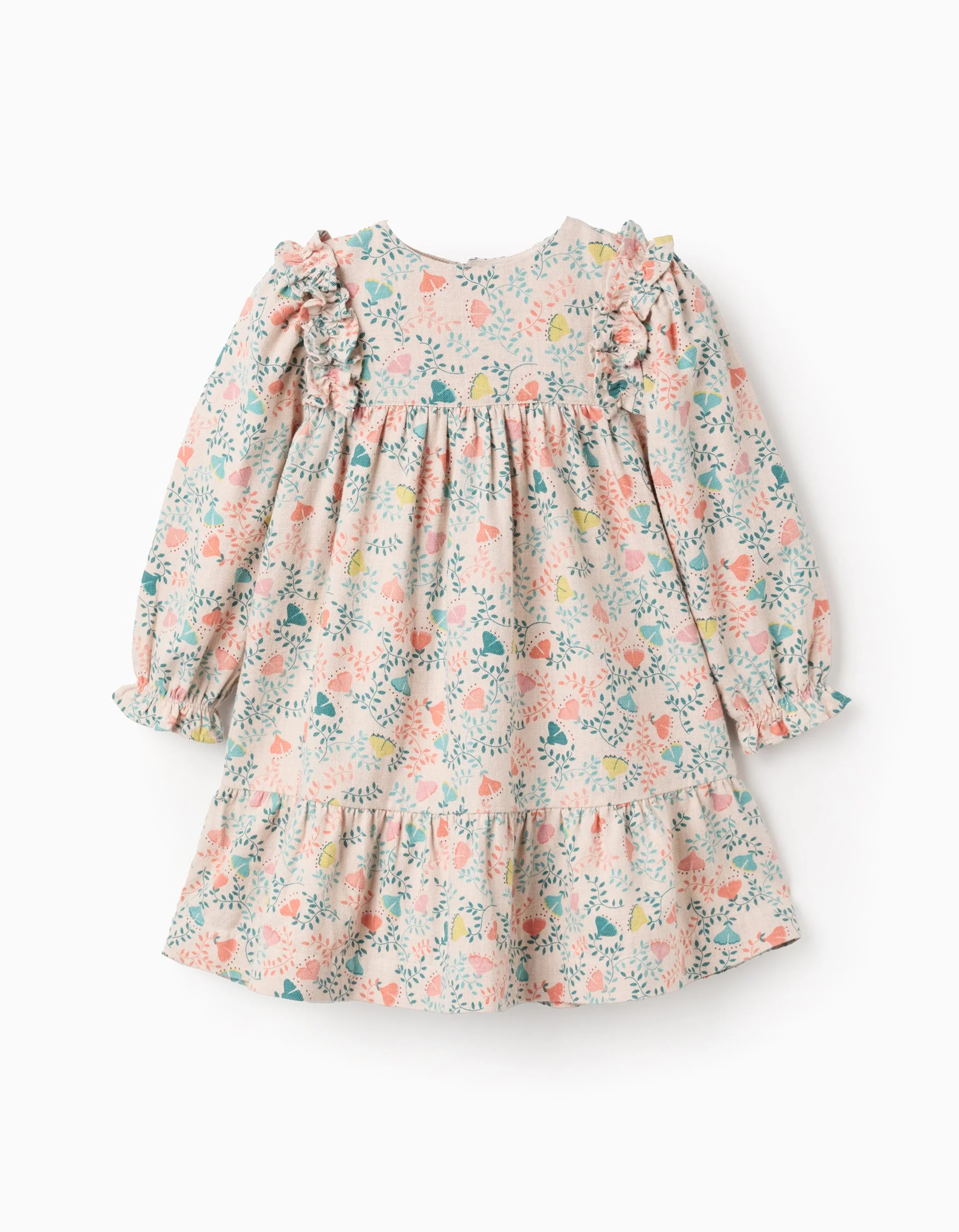 Colourful Floral Twill Dress for Baby Girls, Beige