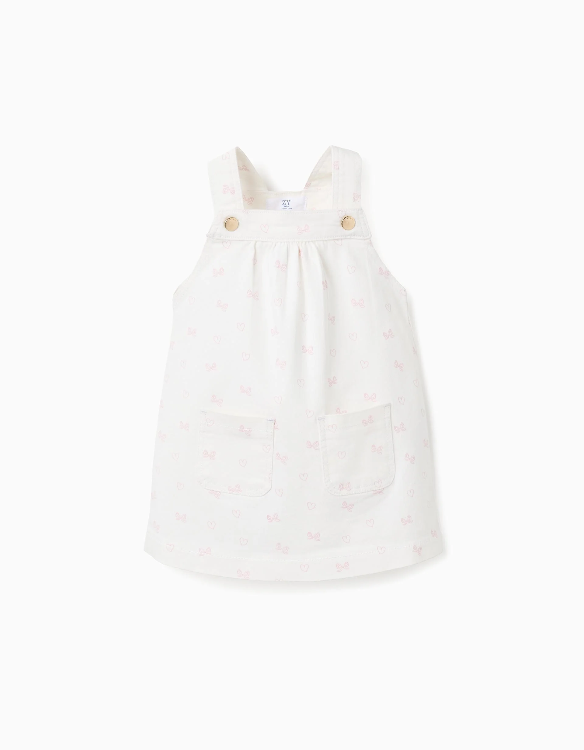 Pinafore Dress in Twill with Motif for Baby Girls, Light Beige