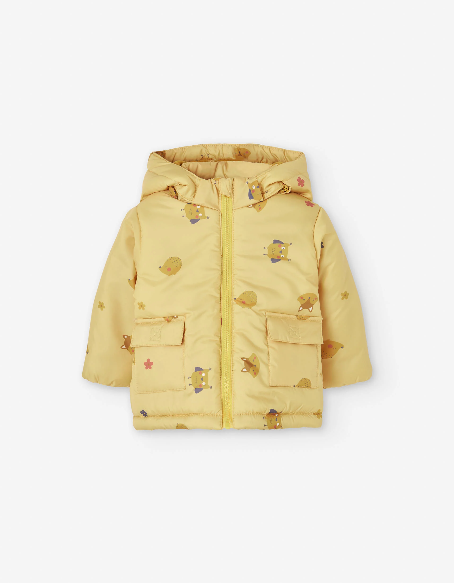 Hooded puffer jacket with fleece lining and motif for baby girls, yellow