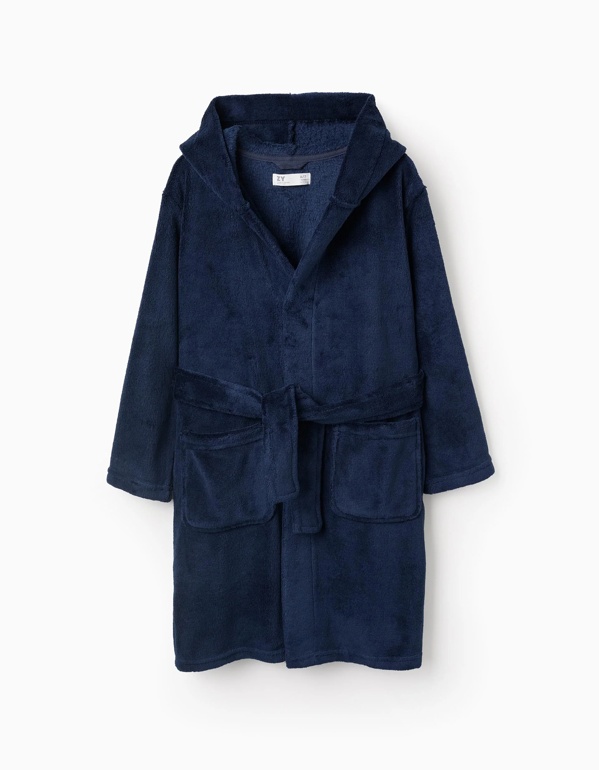 Fleece Dressing Gown with Hood and Belt for Boys, Dark Blue