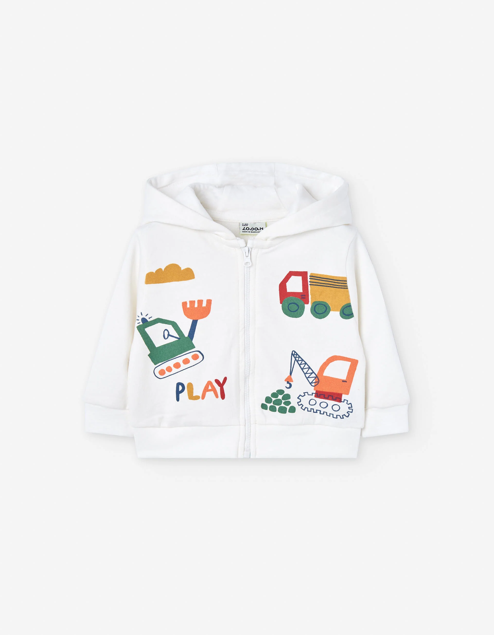 Brushed cotton jacket with hood and print for baby boys, white