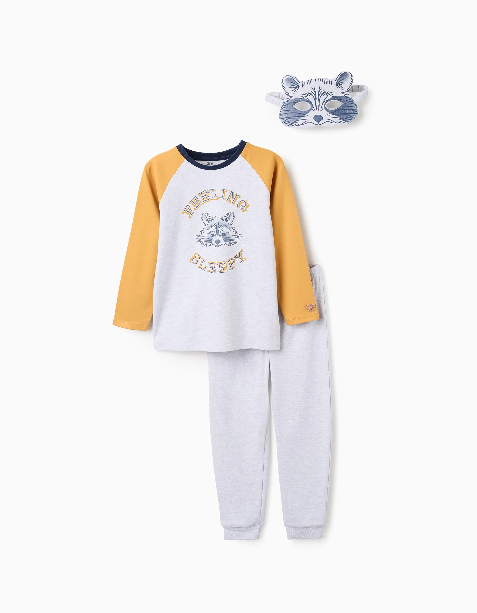 Cotton Pyjama with Raccoon Mask for Boys, Yellow/Grey