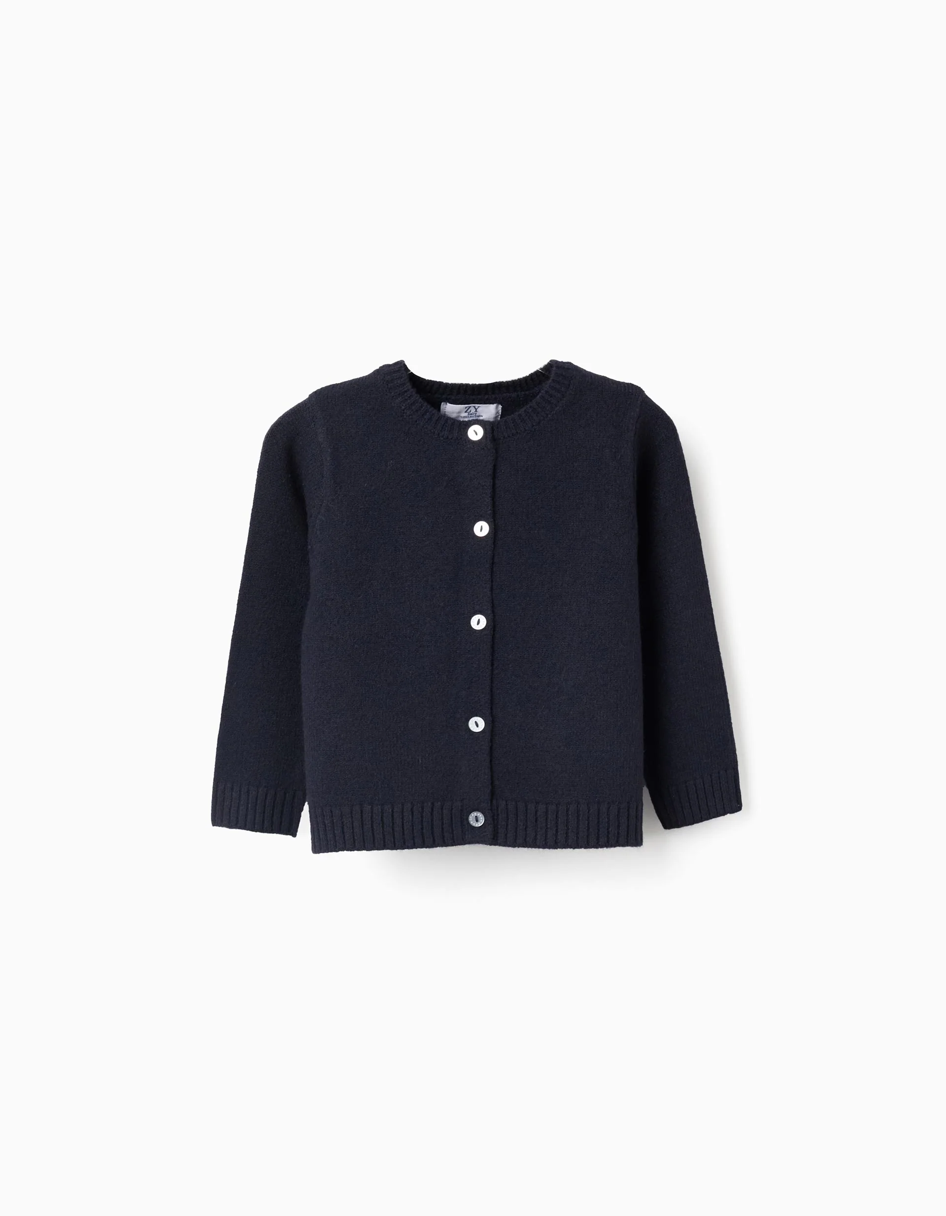 Knitted cardigan with round collar for baby girls, dark blue