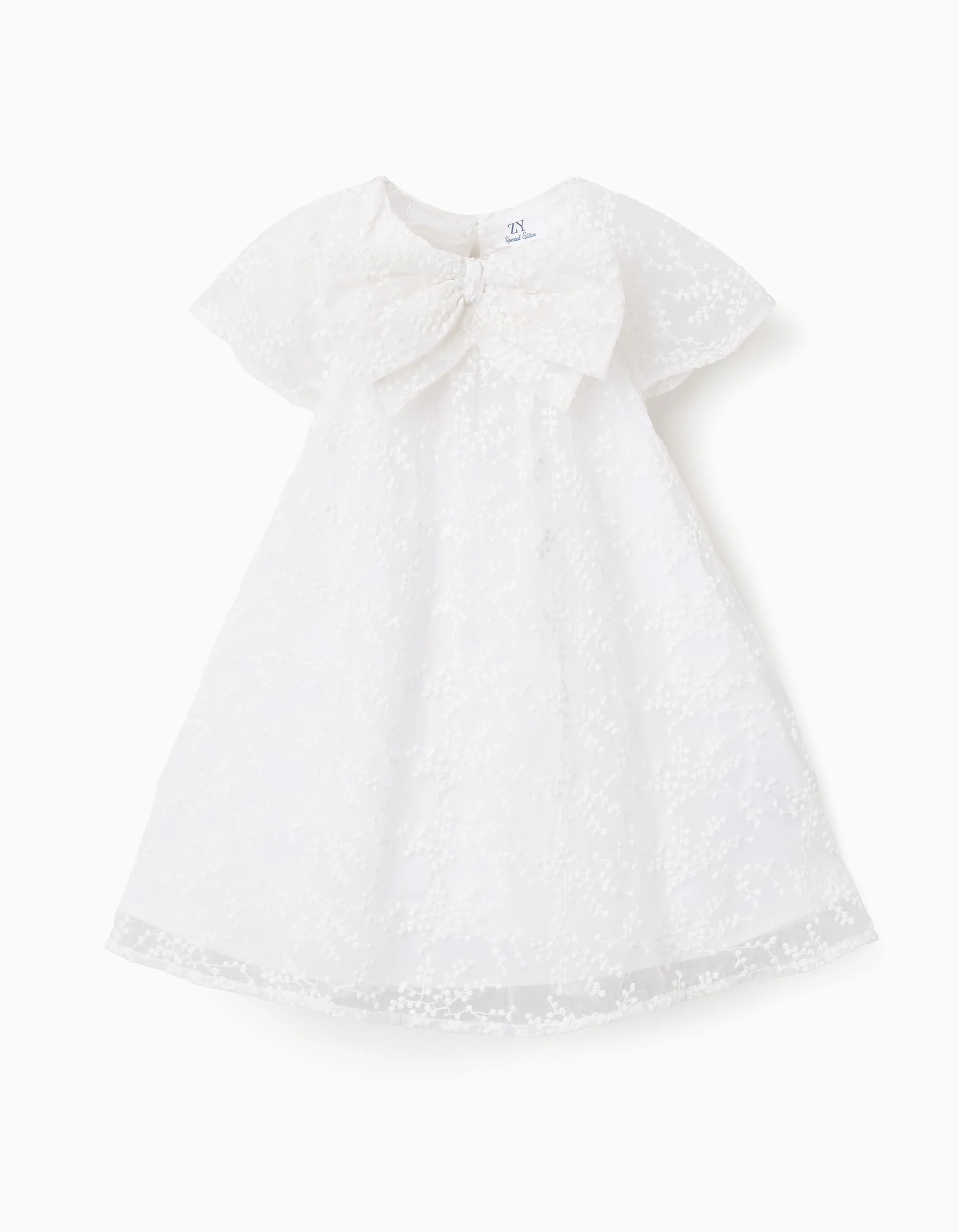 Dress with bow and ruffled cape-style sleeves for baby girls, white