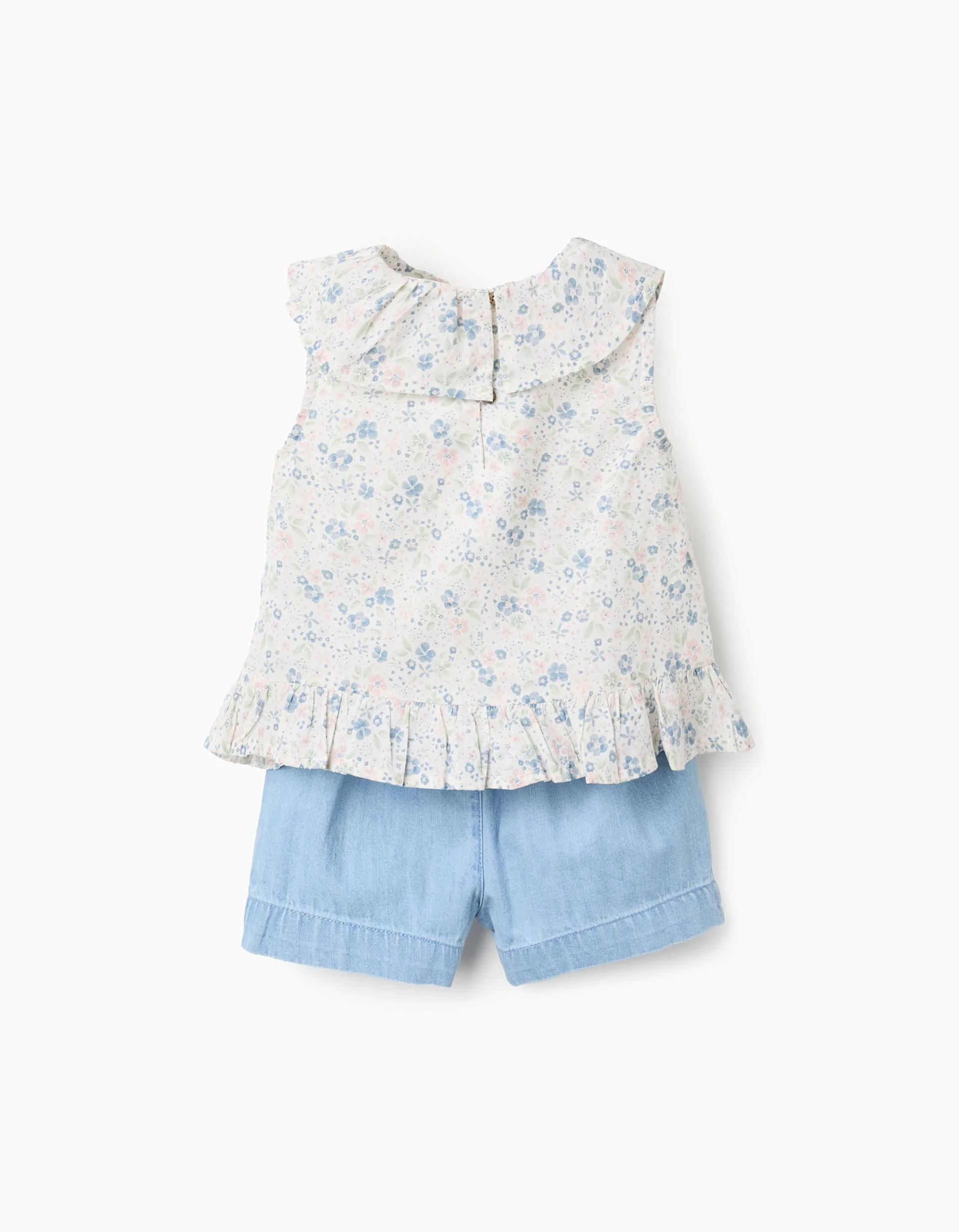 Floral Top + Cotton Denim Shorts for Baby Girls, White/Blue