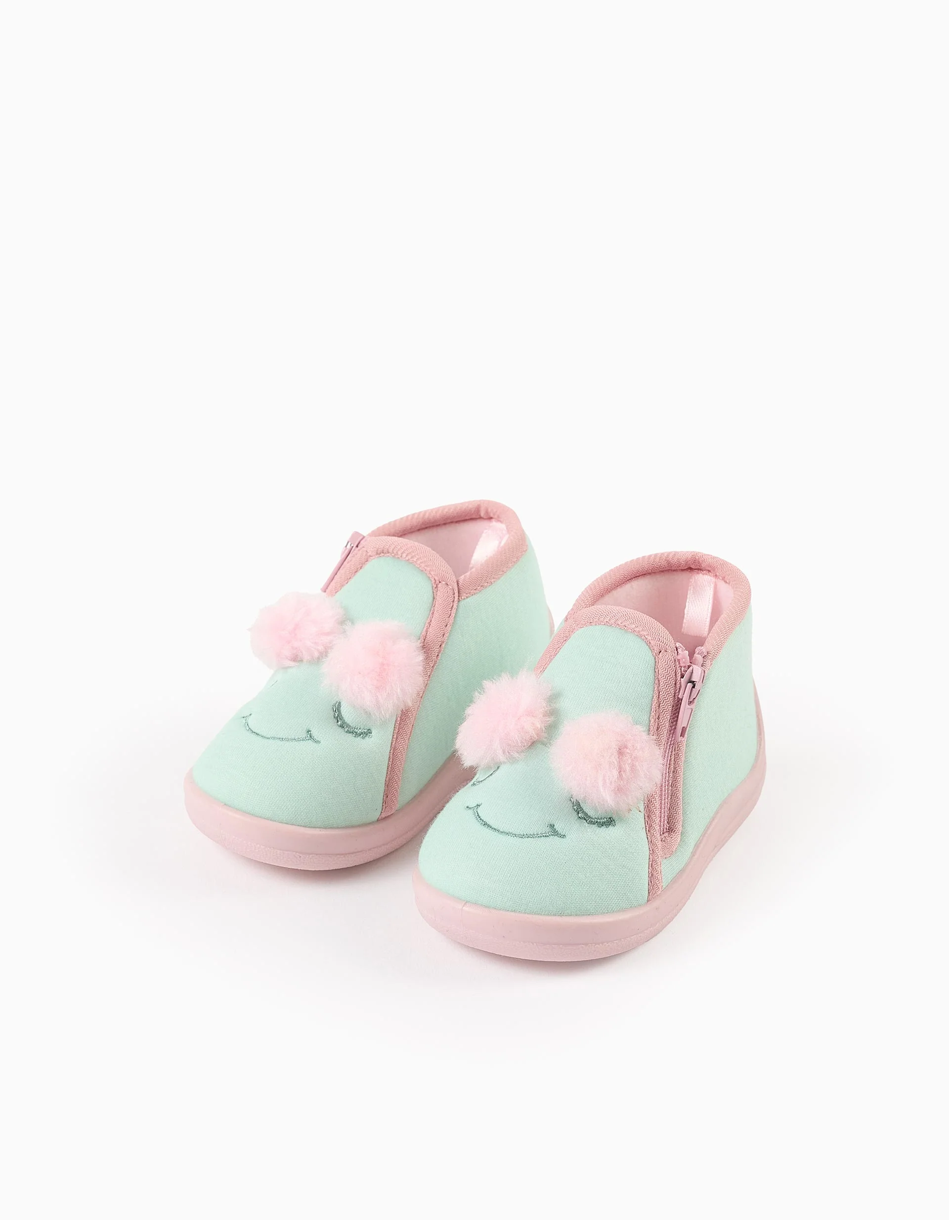 Slippers with Monsters of Emotions embroidery for baby girls, green/pink