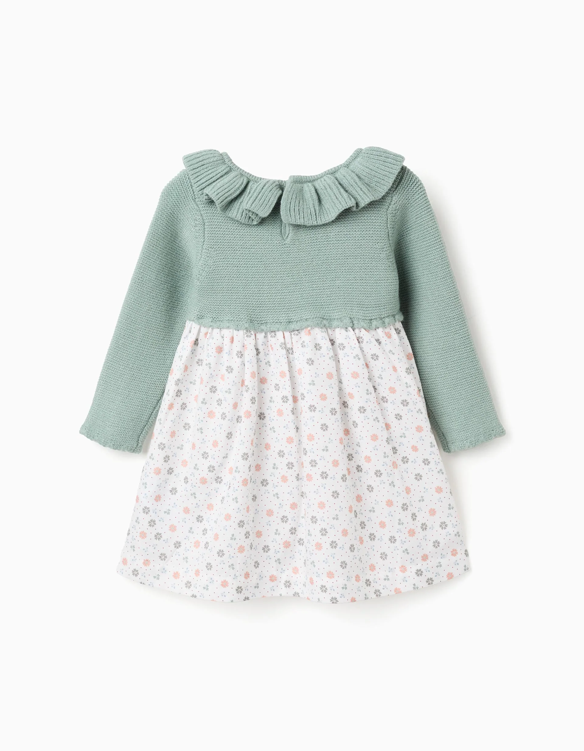 Dual-fabric dress with floral pattern for baby girls, green/white