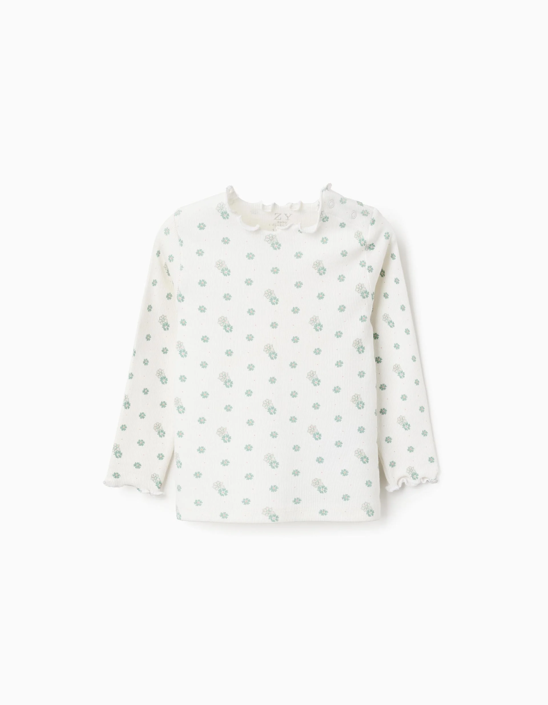 Long Sleeve Ribbed T-shirt with Floral Motif for Baby Girls, White
