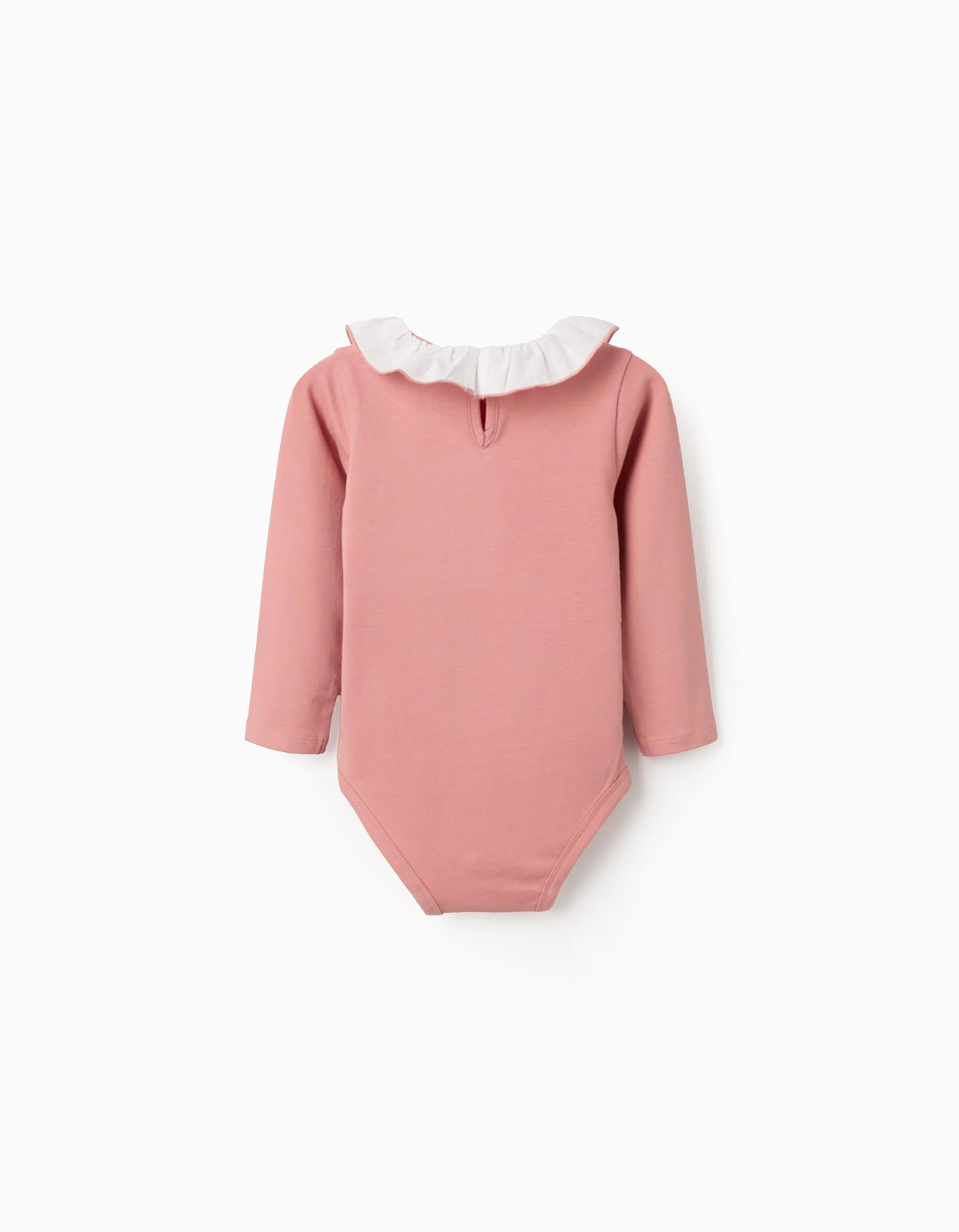 Long sleeve bodysuit with print and ruffled collar for baby girls, pink