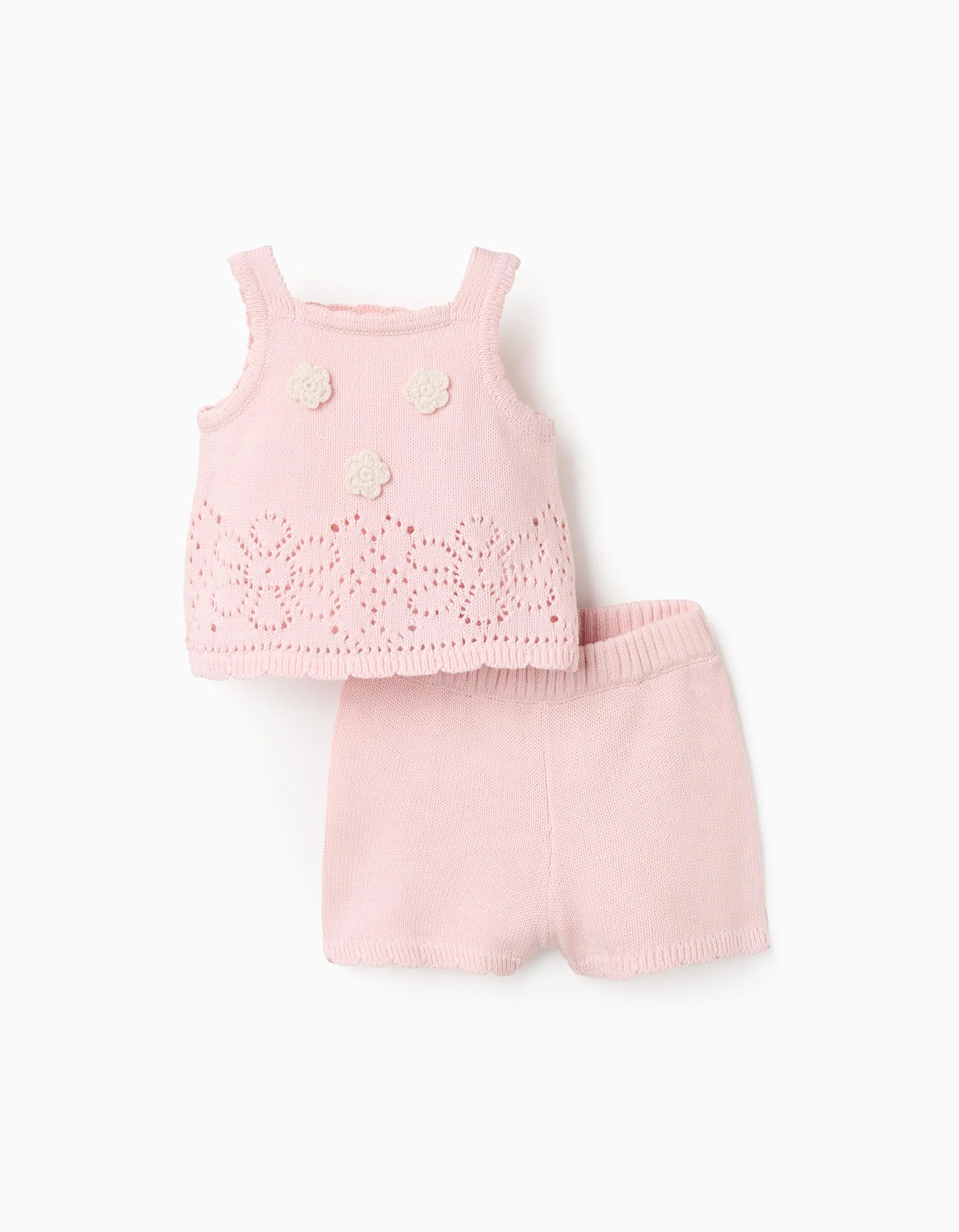 Knitted Set with Crochet Flowers for Baby Girls, Pink