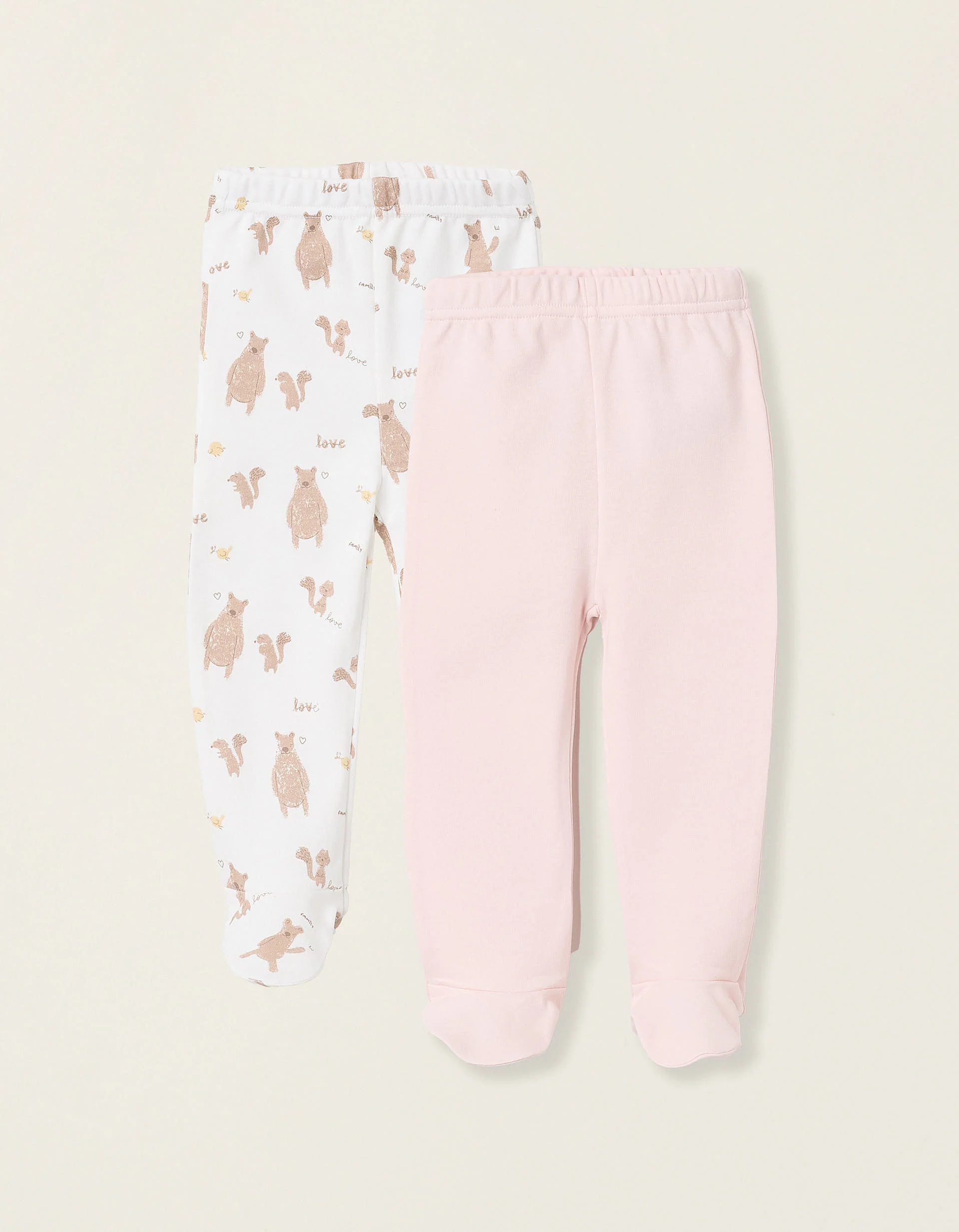 Pack of 2 Footed Trousers for Baby Girls 'Family Love', Pink/White