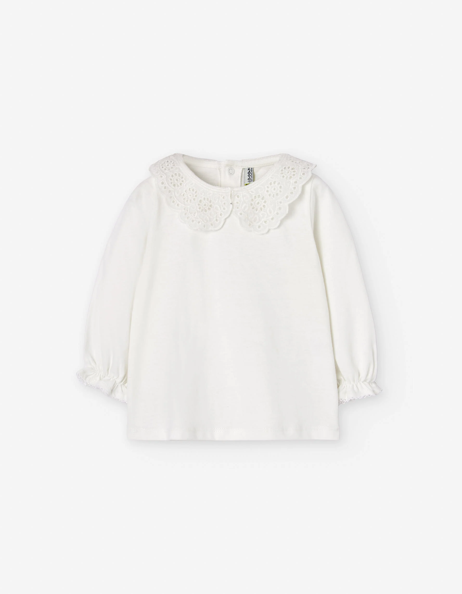 Cotton T-shirt with Swiss embroidery collar for baby girls, white