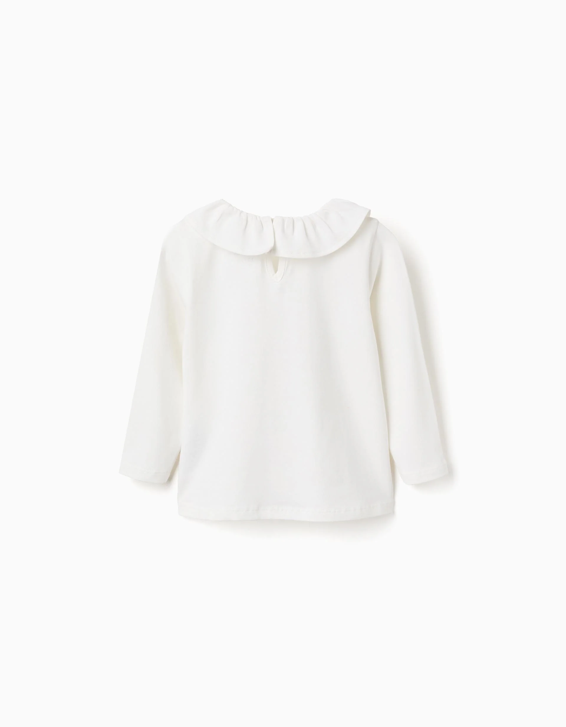Long sleeve T-shirt with ruffle collar and print for baby girls, white