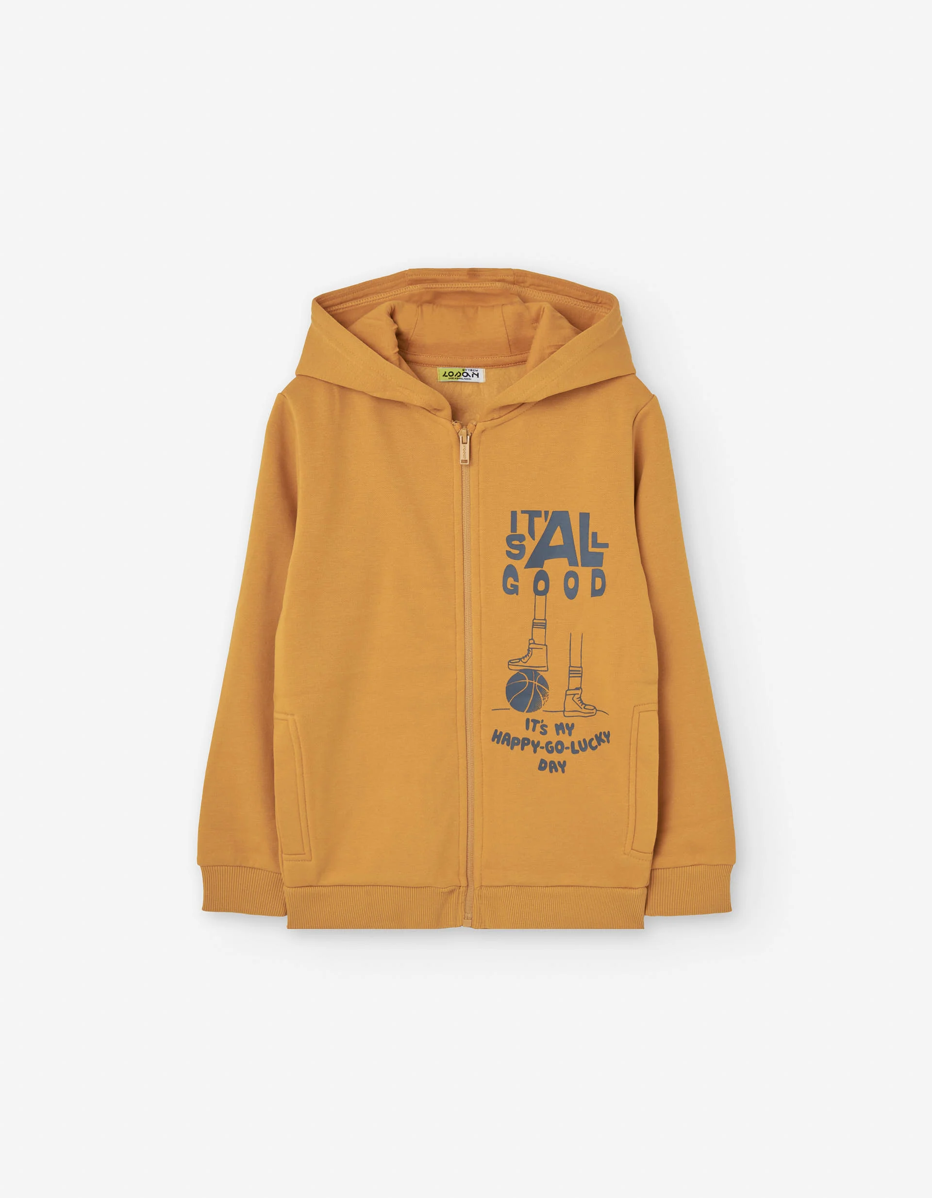 Brushed hooded jacket with basketball print for boys, yellow