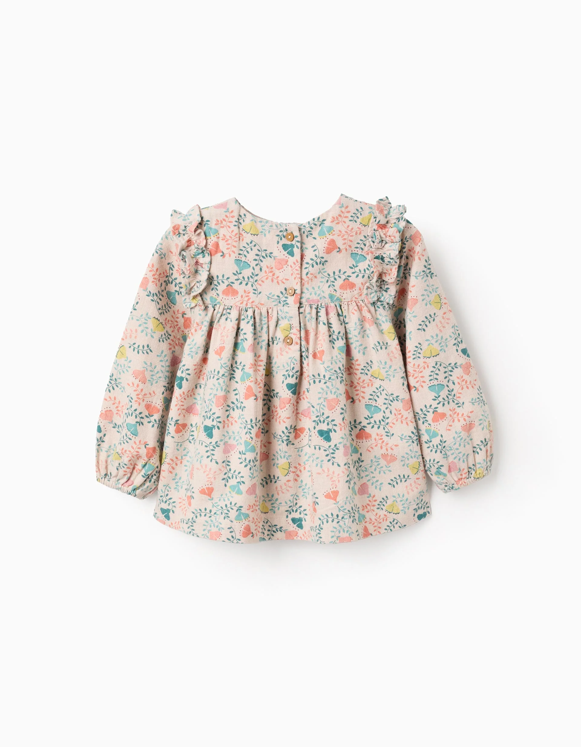 Colourful Floral Motif Twill Tunic for Baby Girls, Beige