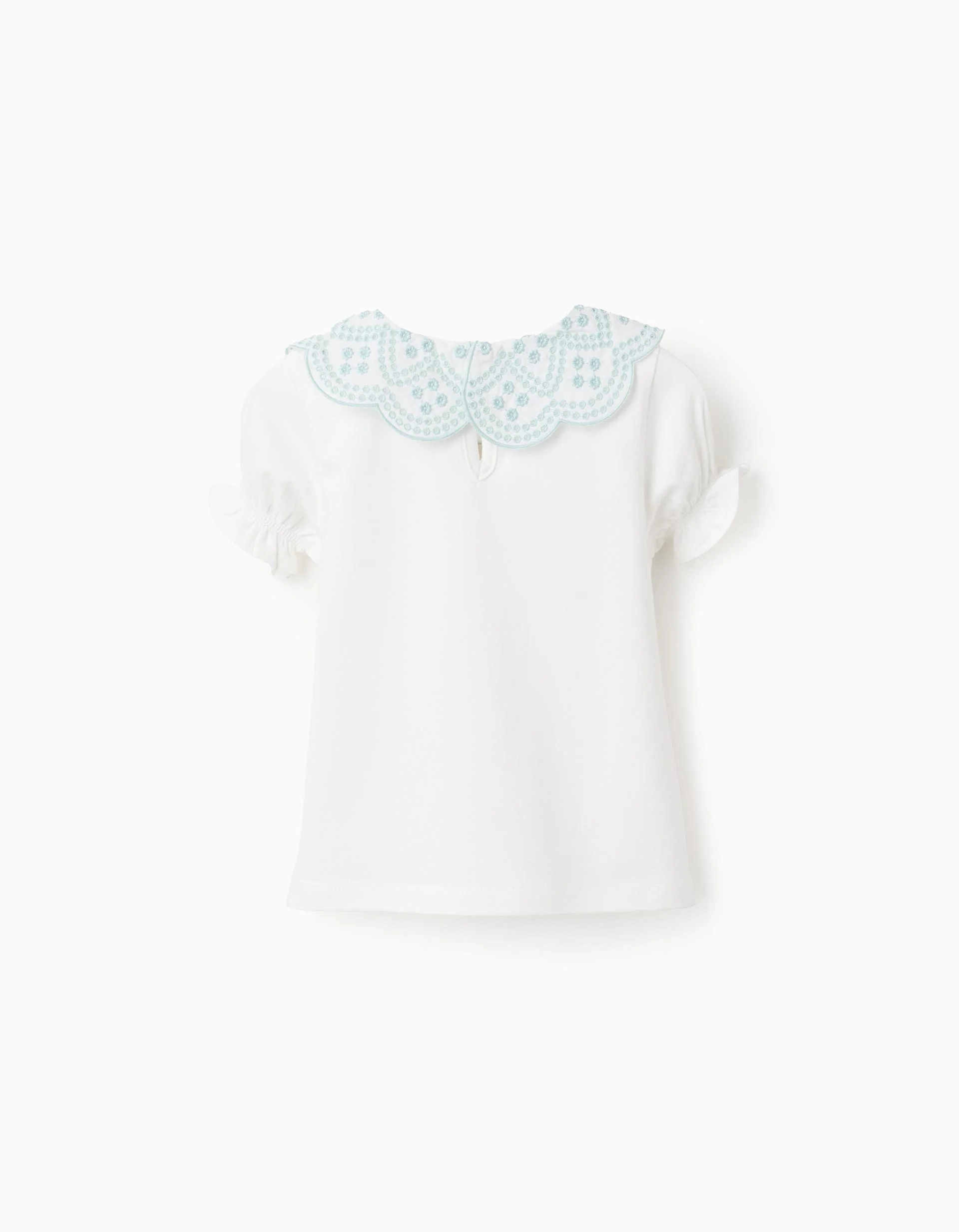 T-shirt with Broderie Anglaise Collar for Baby Girls, White/Green