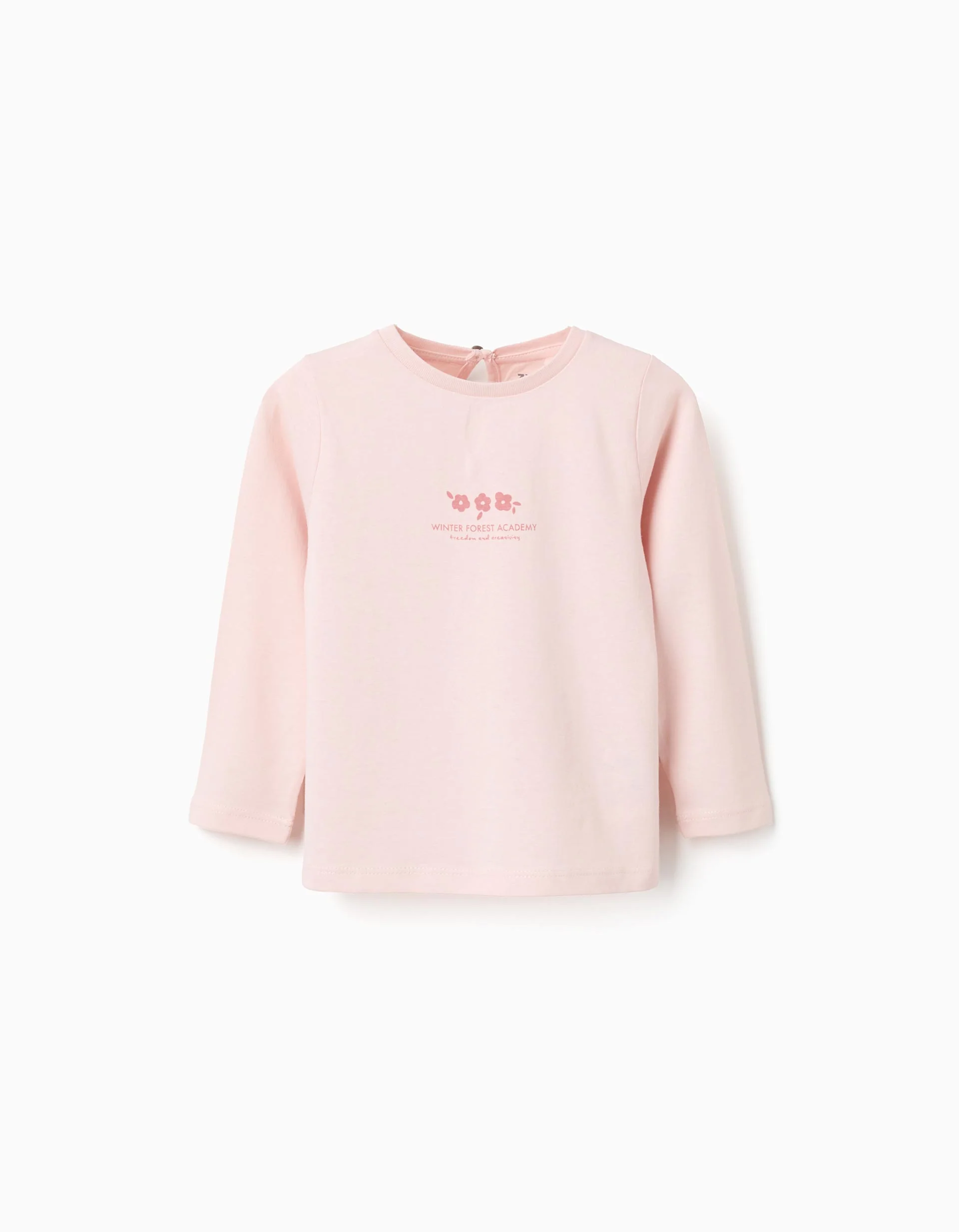 Long sleeve cotton T-shirt with front print for baby girls, light pink