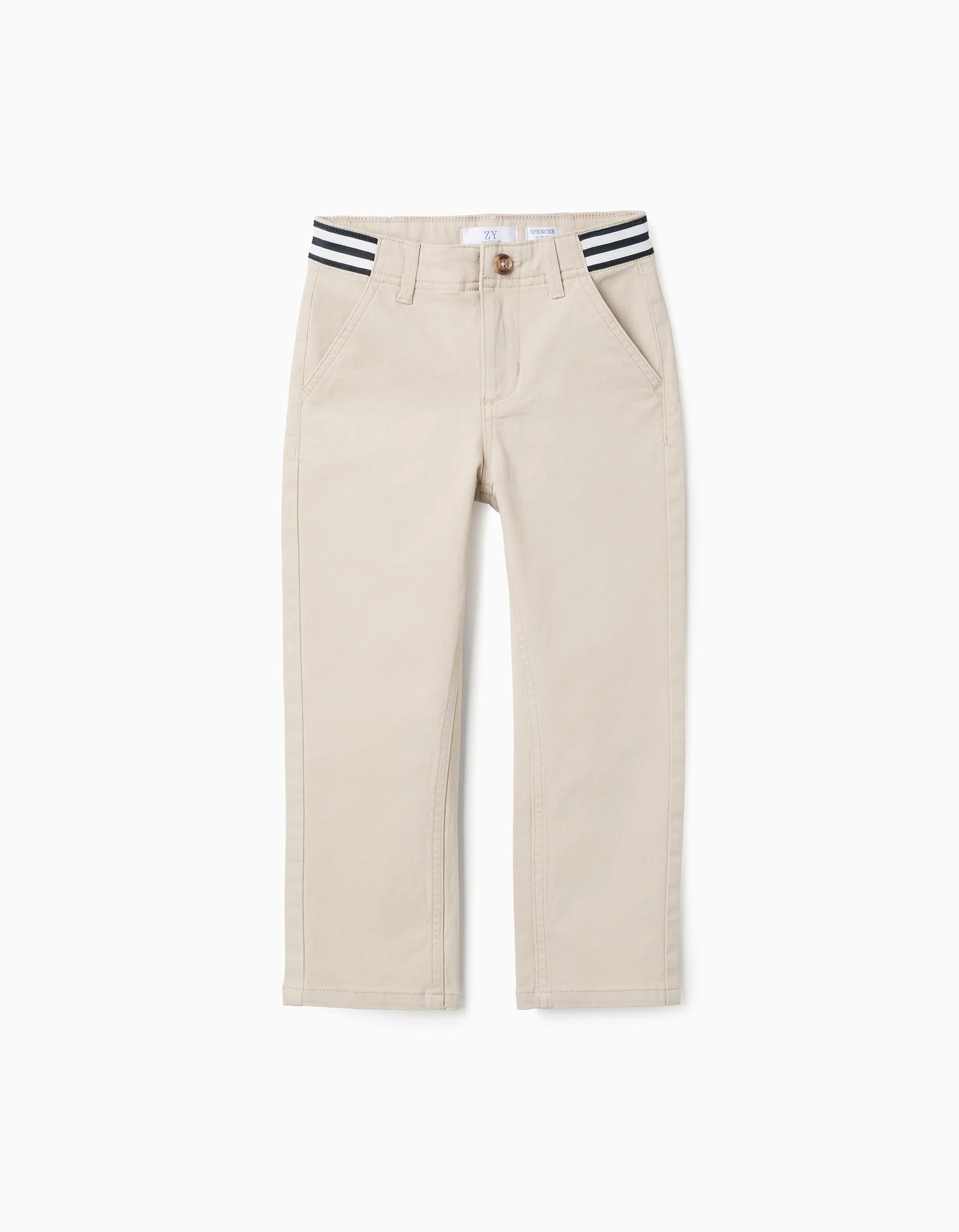 Twill Chino Trousers with Striped Waist for Boys, Beige