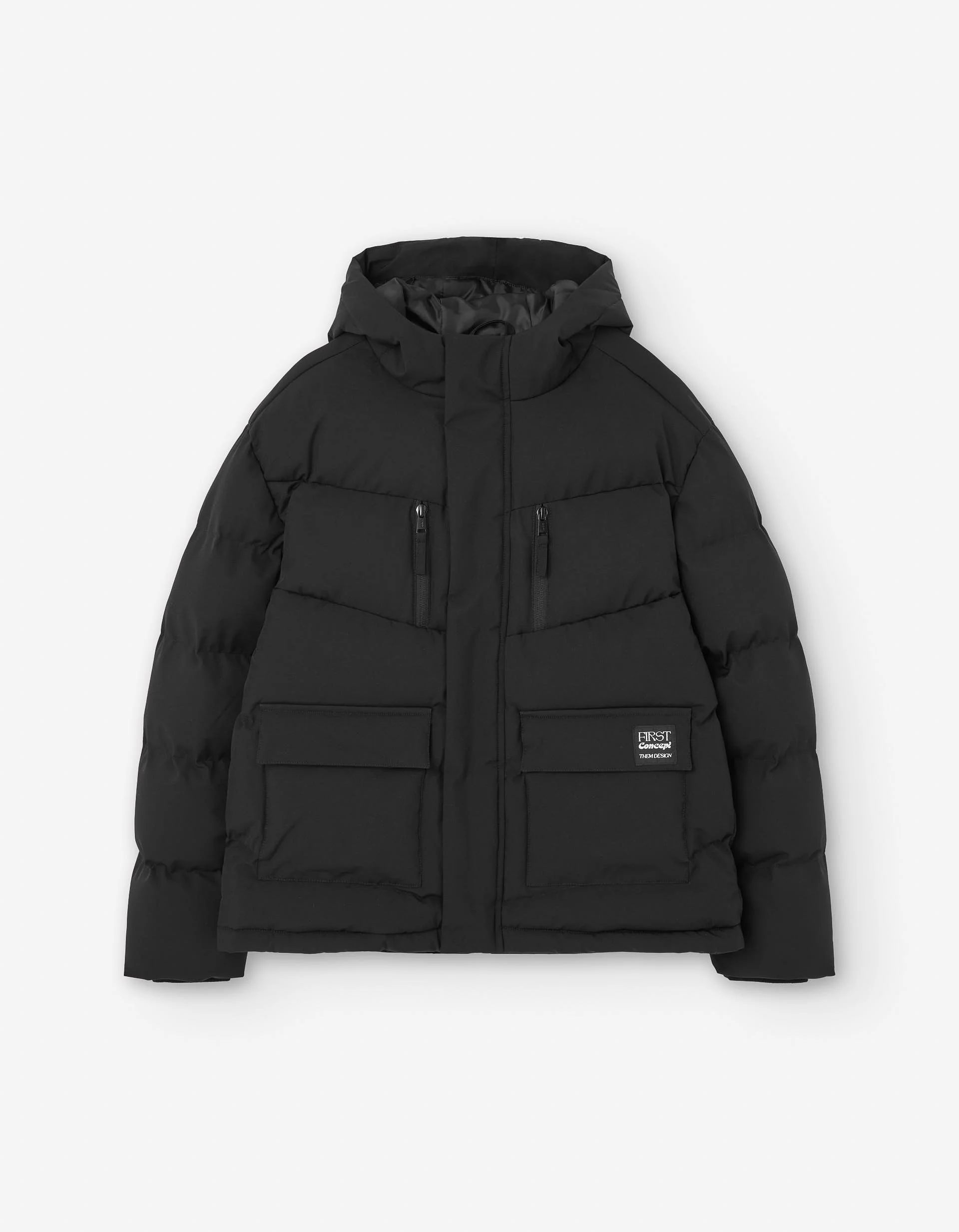 Hooded puffer jacket with front pockets for boys, black