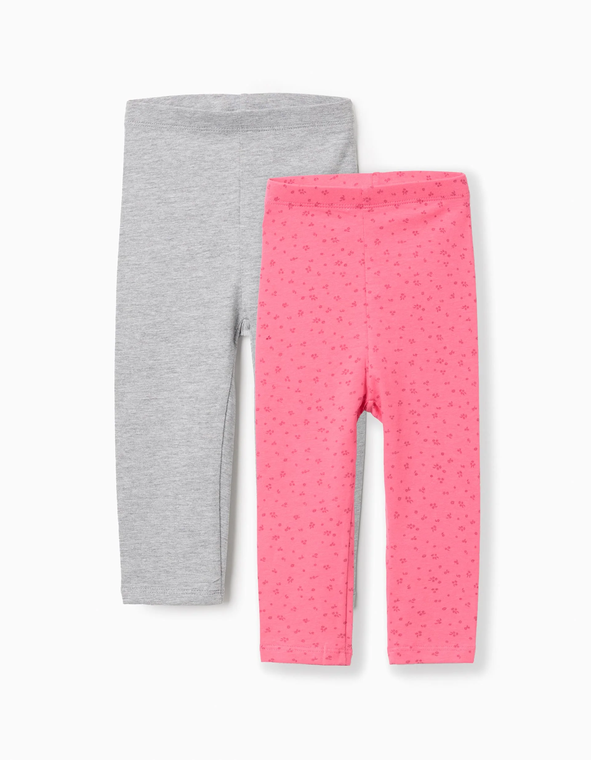 Pack of 2 plain/floral leggings for baby girls, grey/pink