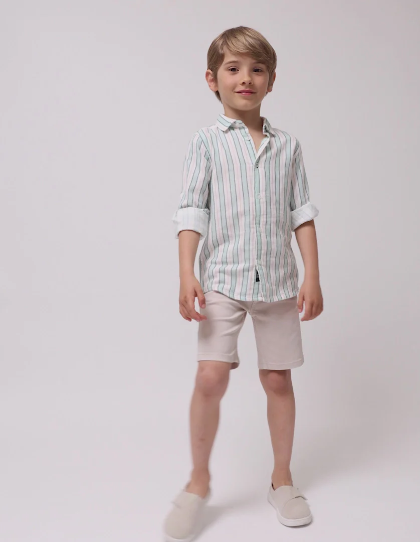 Striped Cotton Shirt for Boys 'B&S', White/Aqua Green