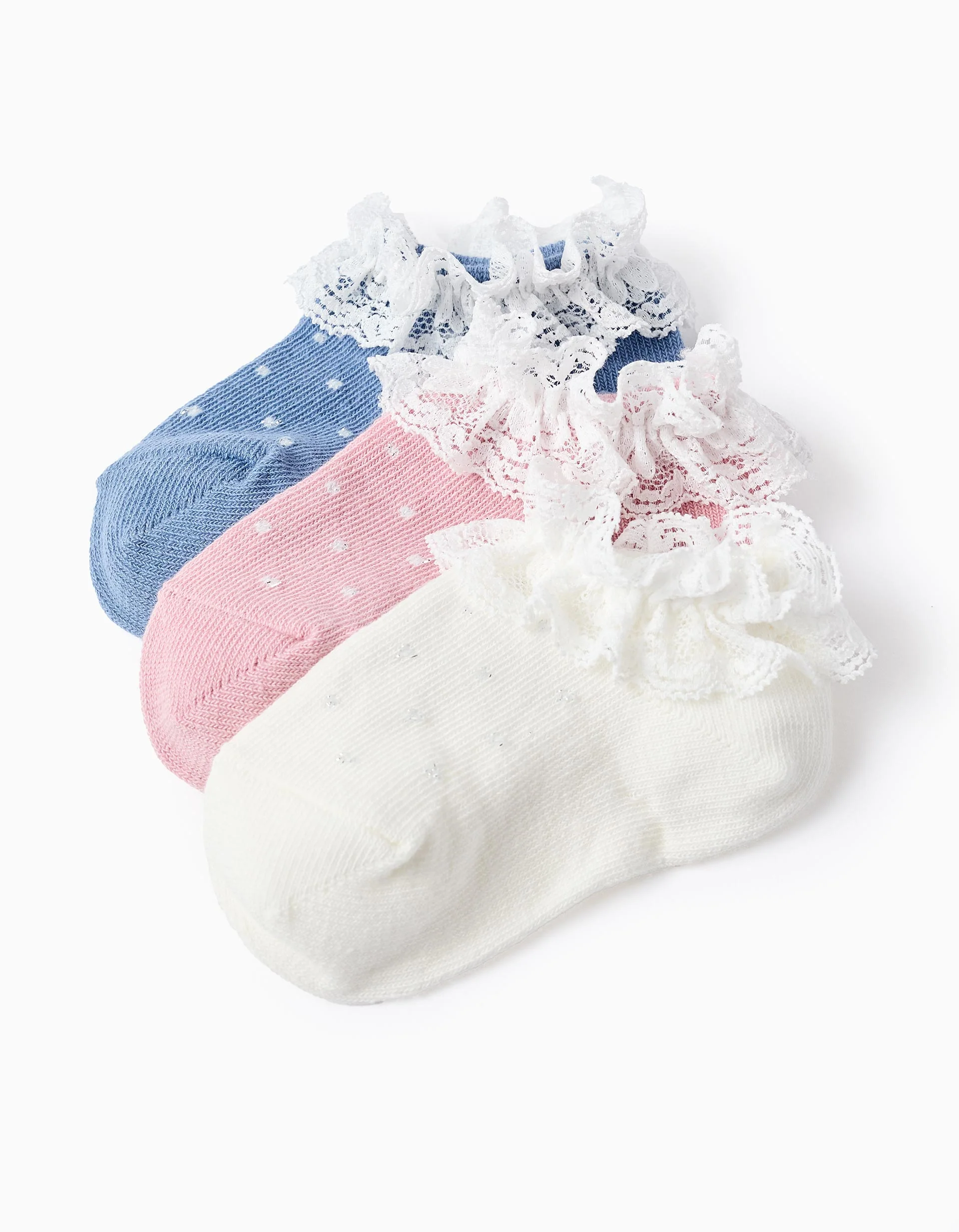 Pack of 3 Ankle Socks with Lurex and Lace for Baby Girls, Multicolour