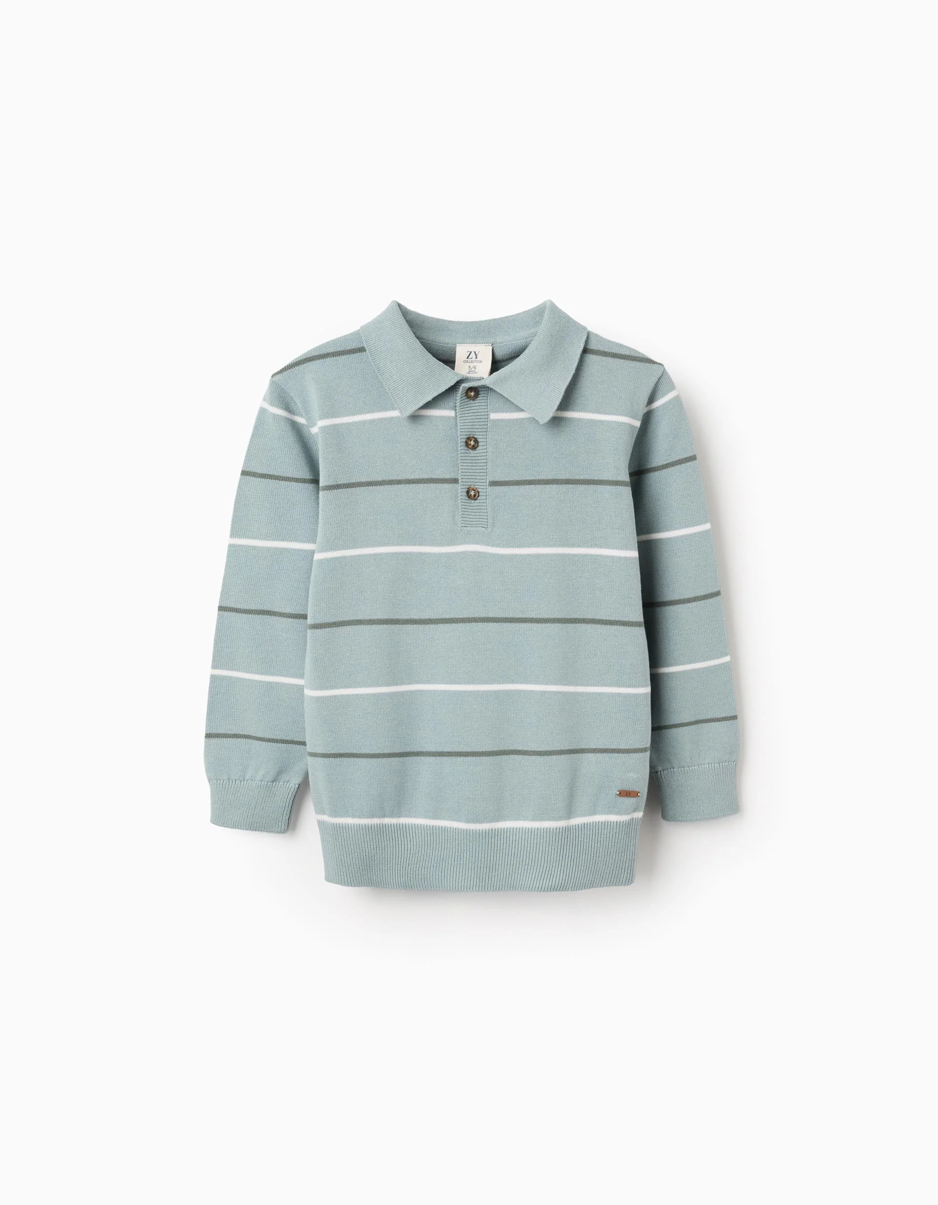 Knitted jumper with polo collar and stripes for boys, light green