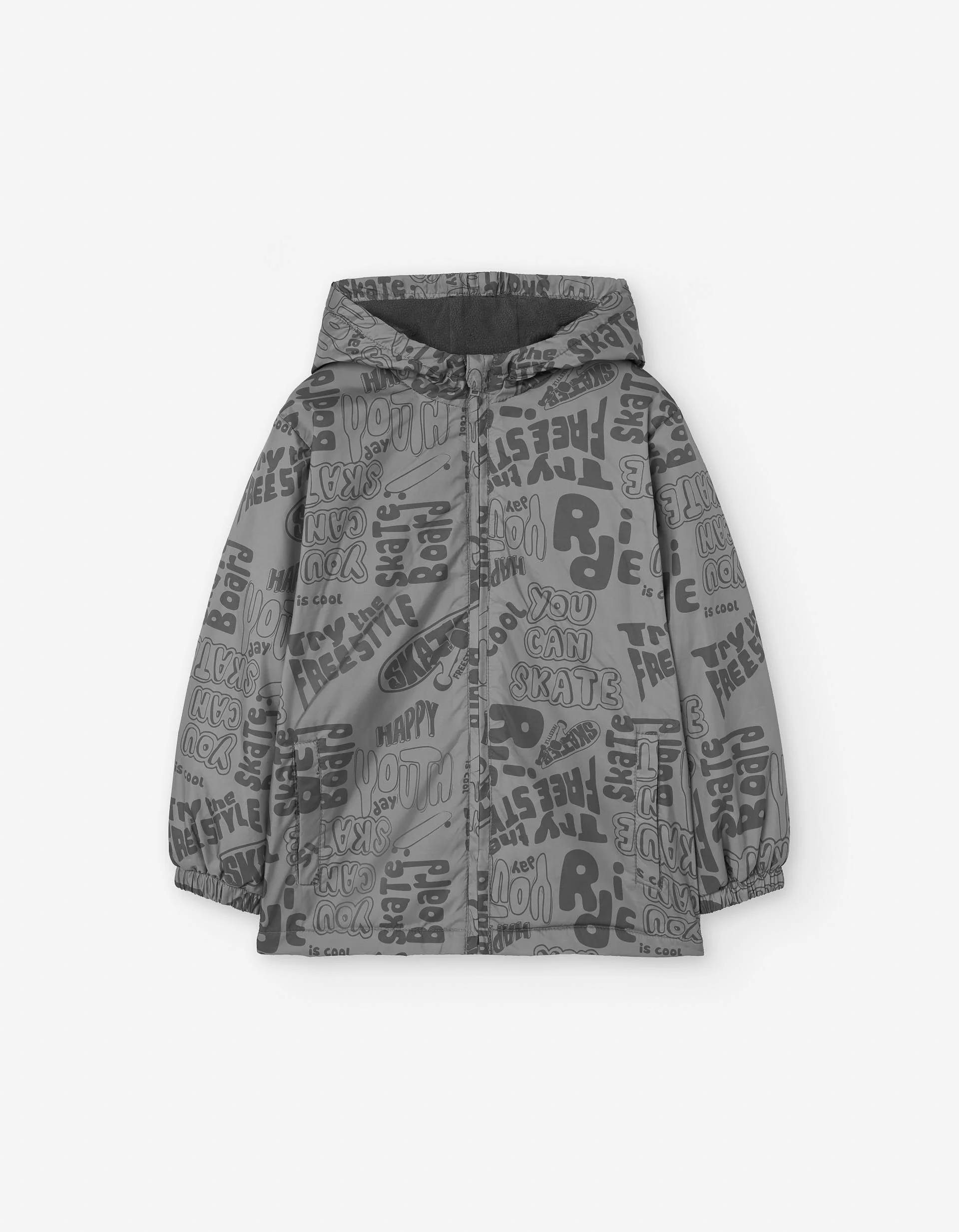 Hooded parka with skate motif and fleece lining for boys, grey