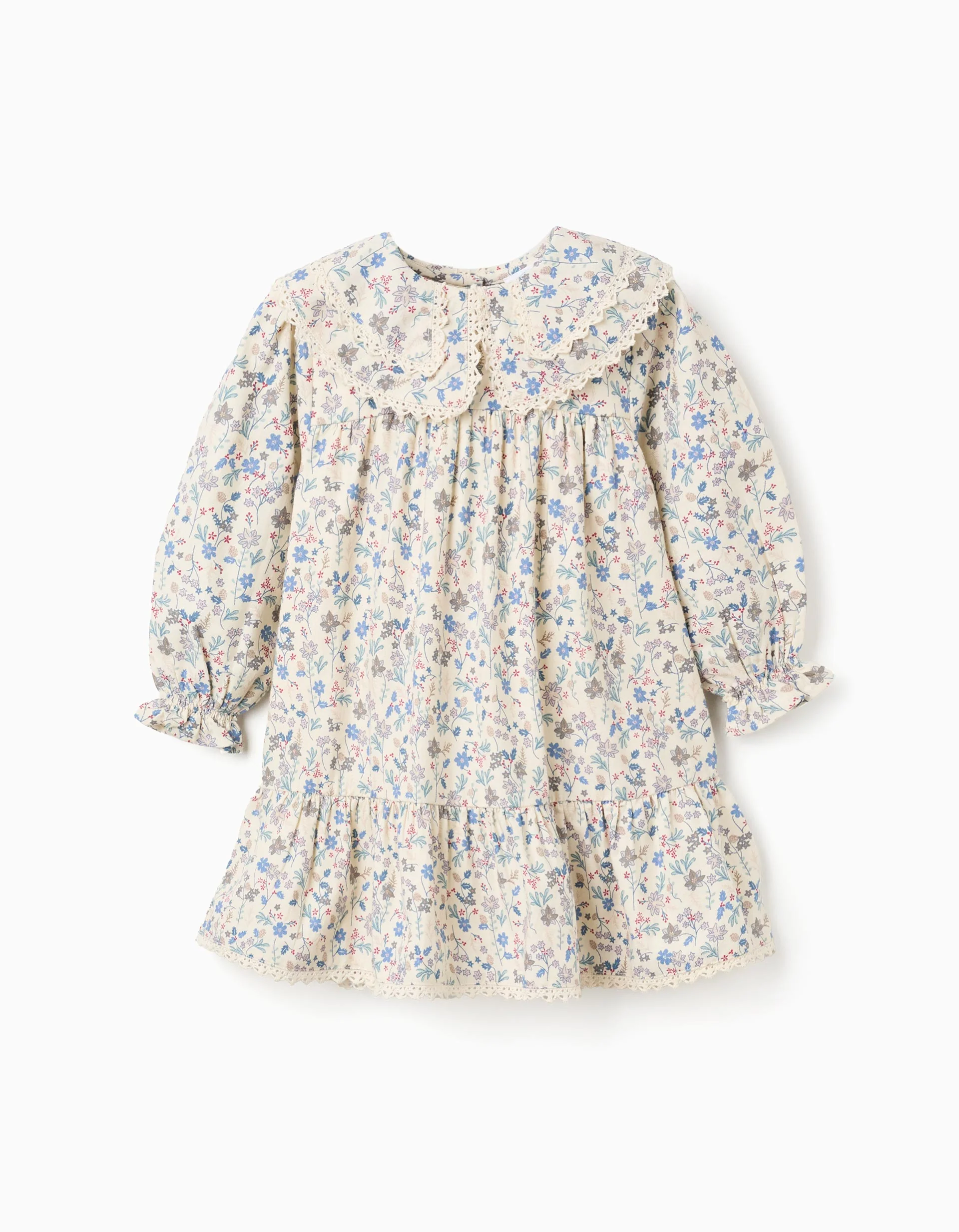 Cotton dress with floral pattern and embroidery B&S for baby girls, beige