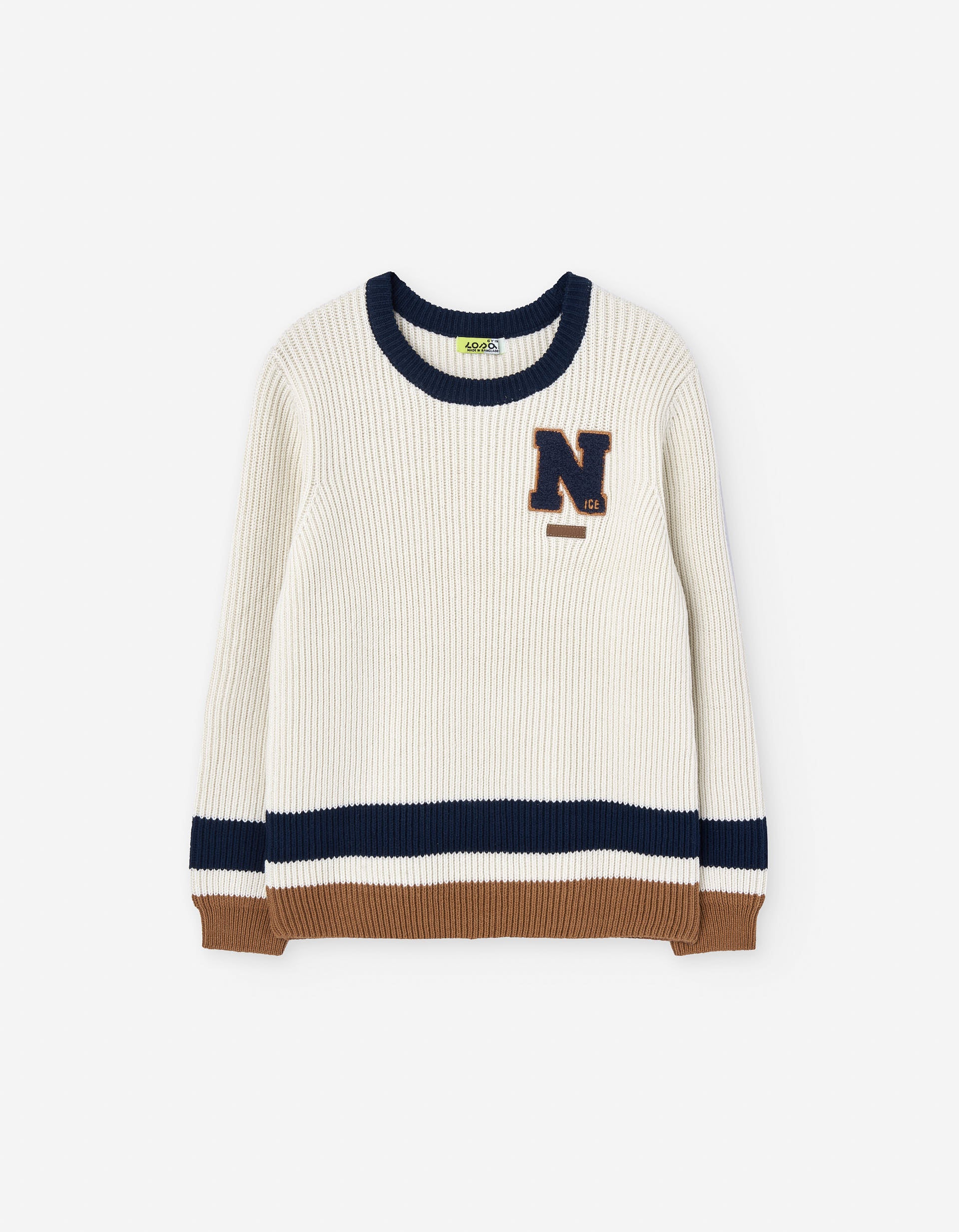 Knitted jumper with bouclé embroidery for boys, white/blue/brown